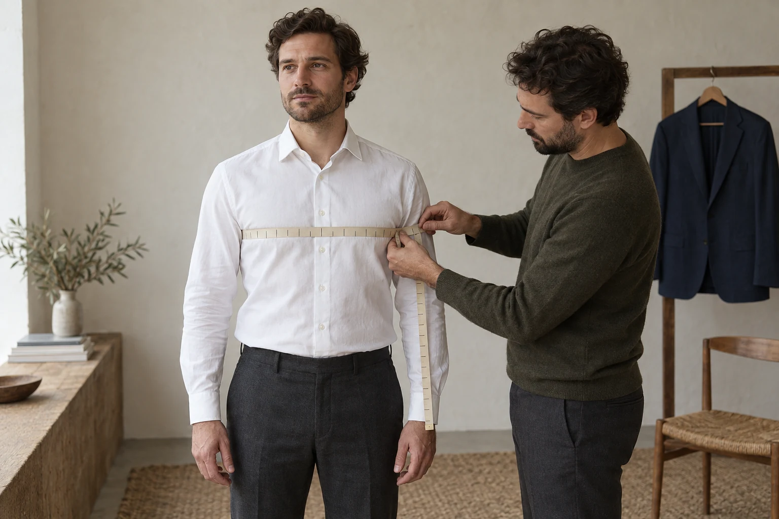 A tailor measures a man's chest over a white shirt as a navy blazer hangs in the background.