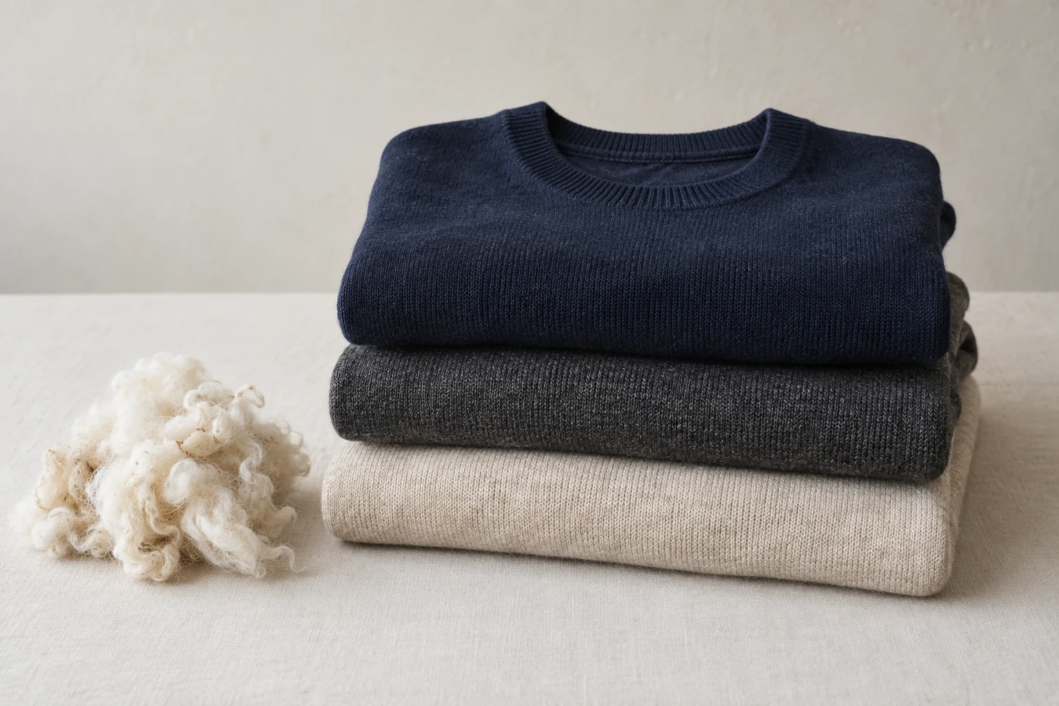 Three folded merino sweaters in navy charcoal and oatmeal sit beside a tuft of raw white fleece