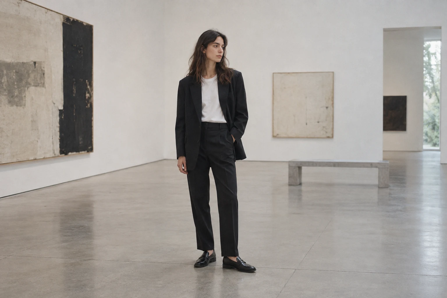 A young woman in a black blazer and trousers stands quietly in a spacious white art gallery
