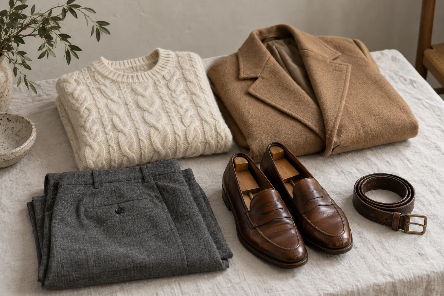 Cream cable knit sweater, camel coat, gray flannel trousers, brown loafers and a coiled belt rest on off white linen.