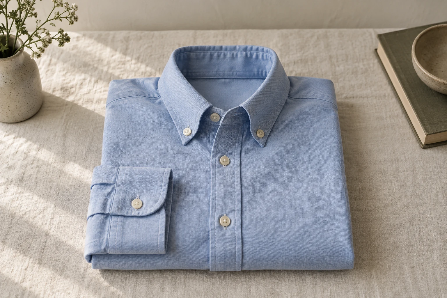 A folded light blue oxford shirt with buttoned collar points sits in warm window light on off white linen.