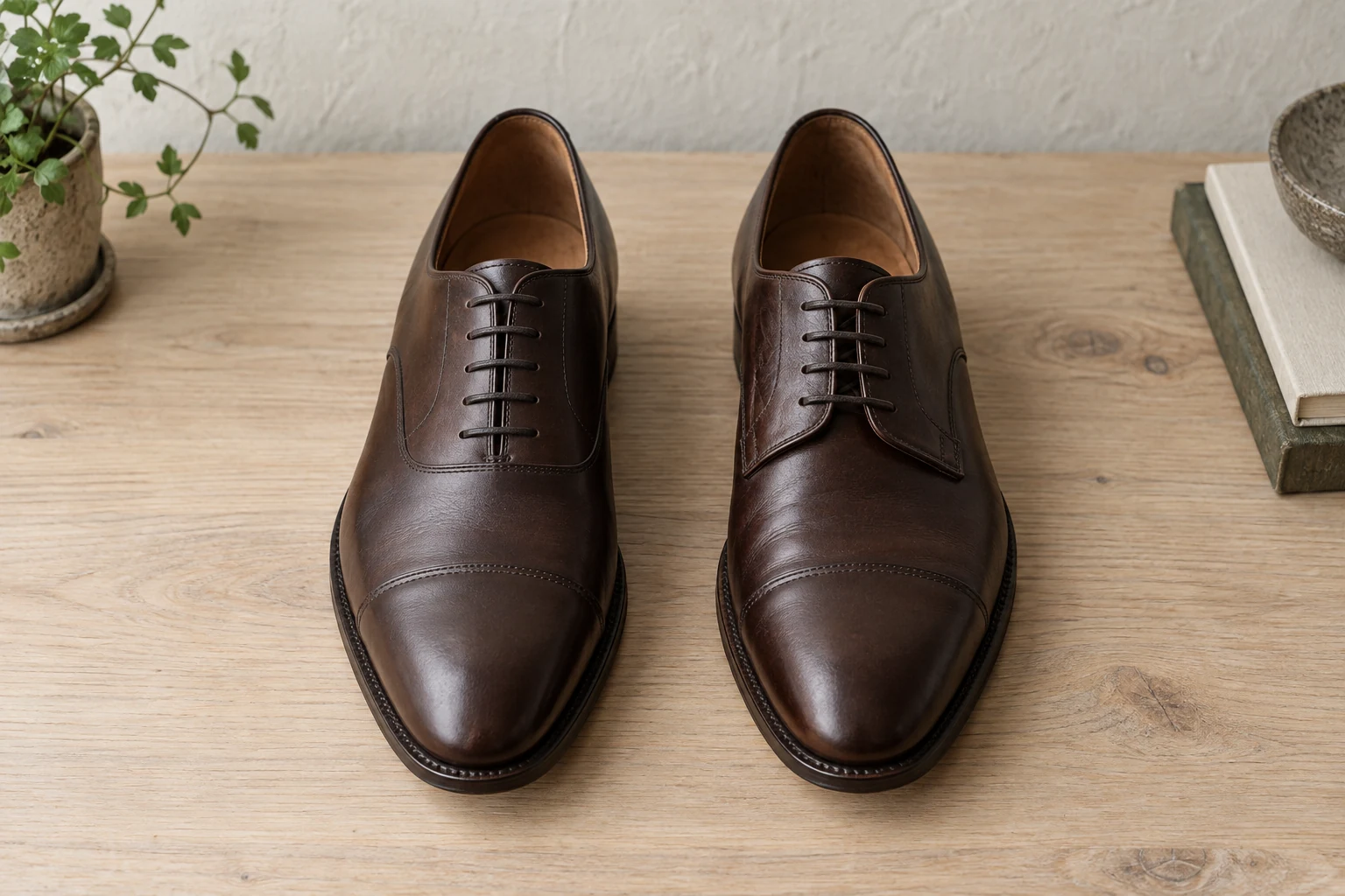 Dark brown oxford and derby shoes sit side by side with their closed and open lacing clearly visible.