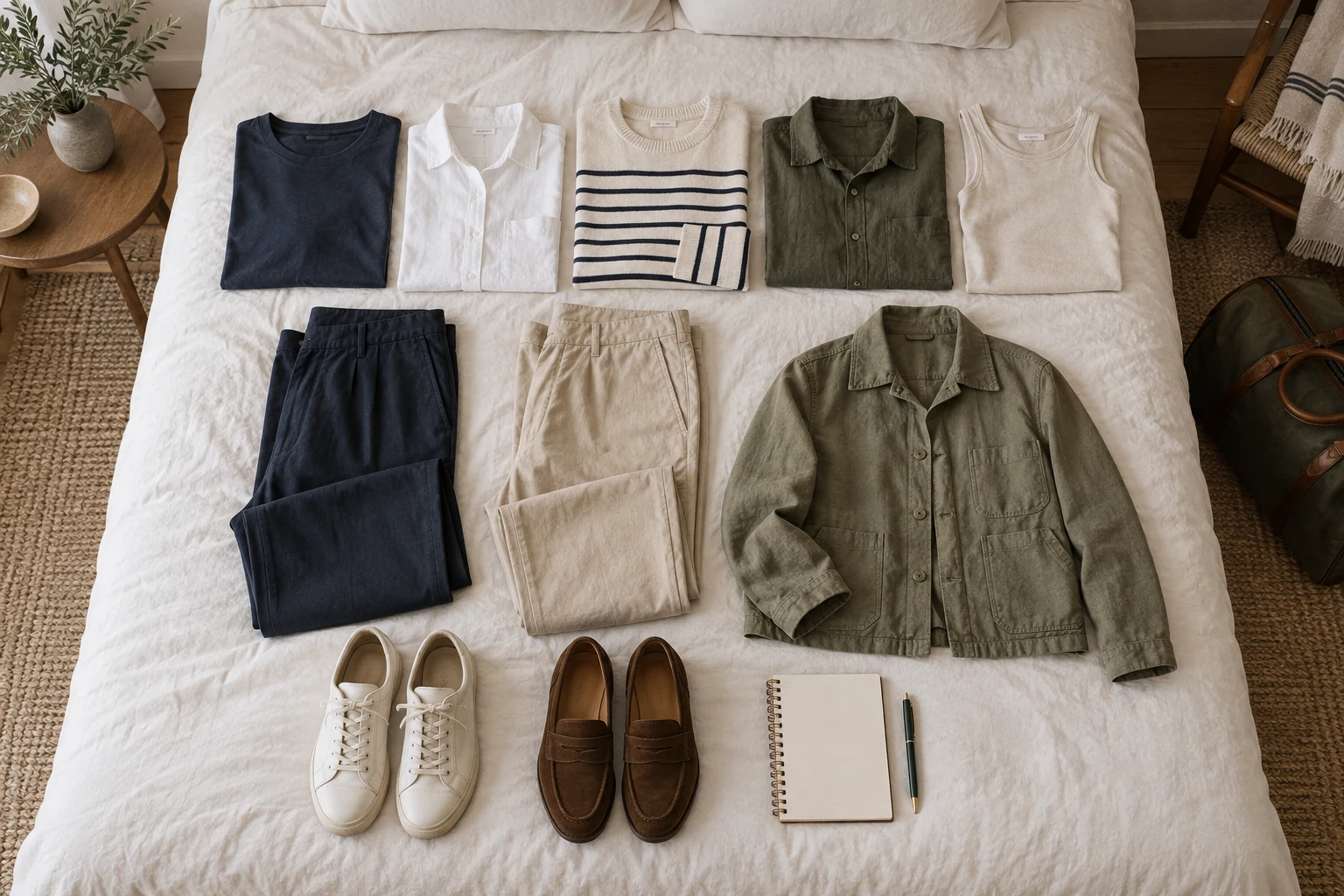 A coordinated week of folded travel clothes and two pairs of shoes is arranged neatly on an off white bed.