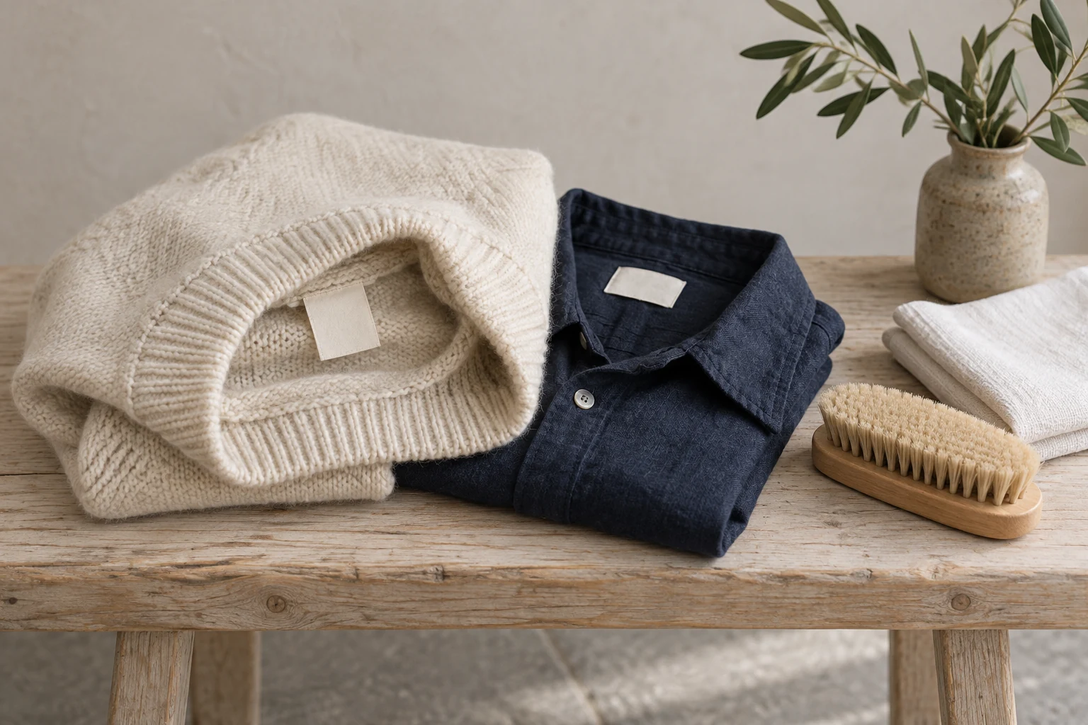 A cream wool sweater and navy shirt show blank inner labels beside a clothes brush and white cloth.