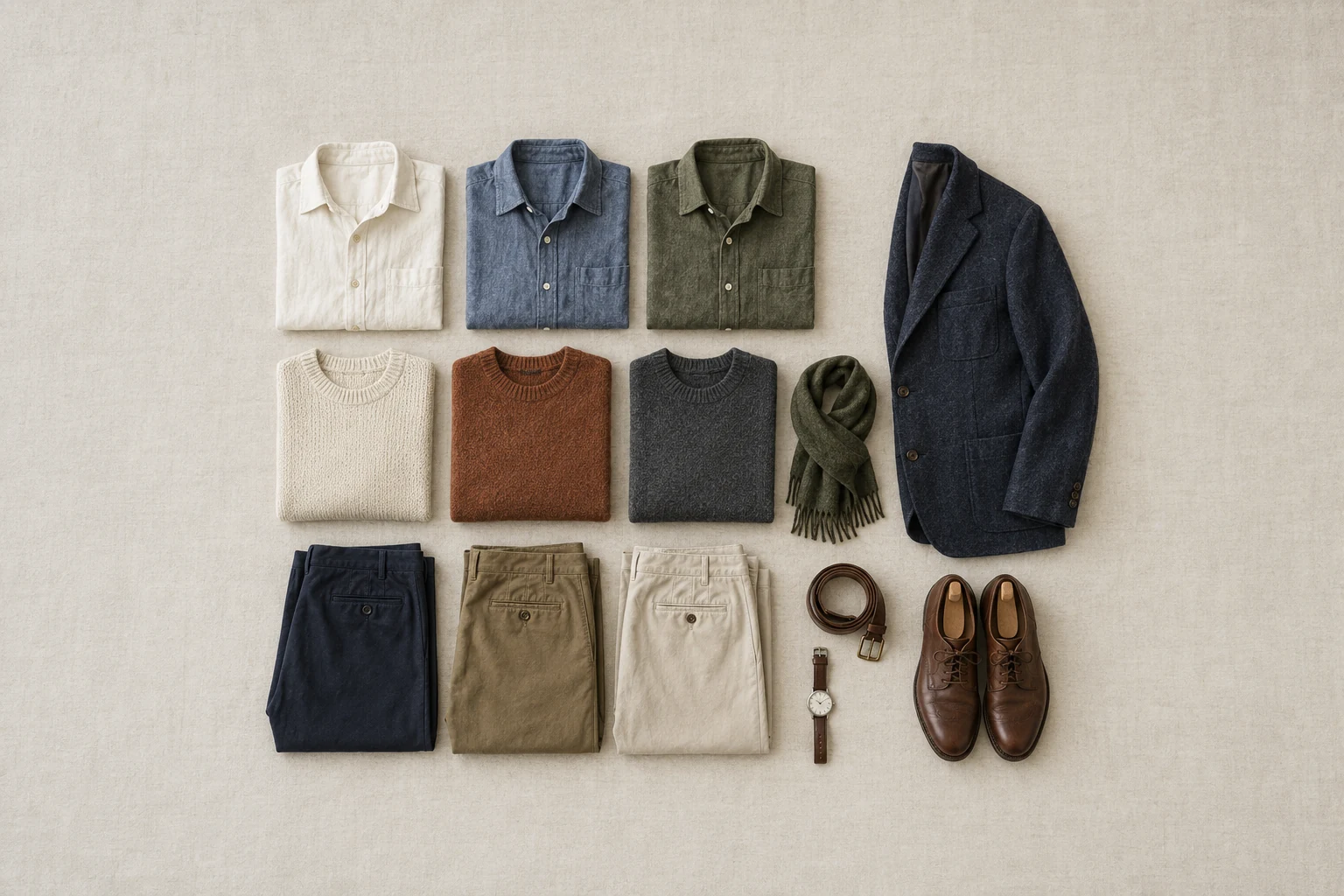 A compact wardrobe of folded shirts knits trousers jacket shoes belt and watch rests on pale linen.