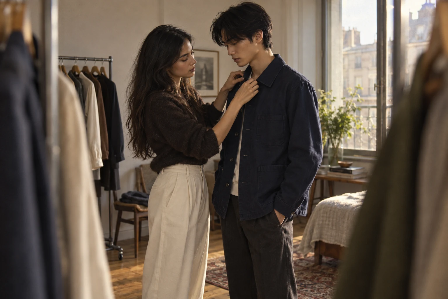 Seen through a clothes rail, a young woman with long dark hair carefully adjusts the collar of a navy chore jacket worn by a young man in a sunlit apartment.