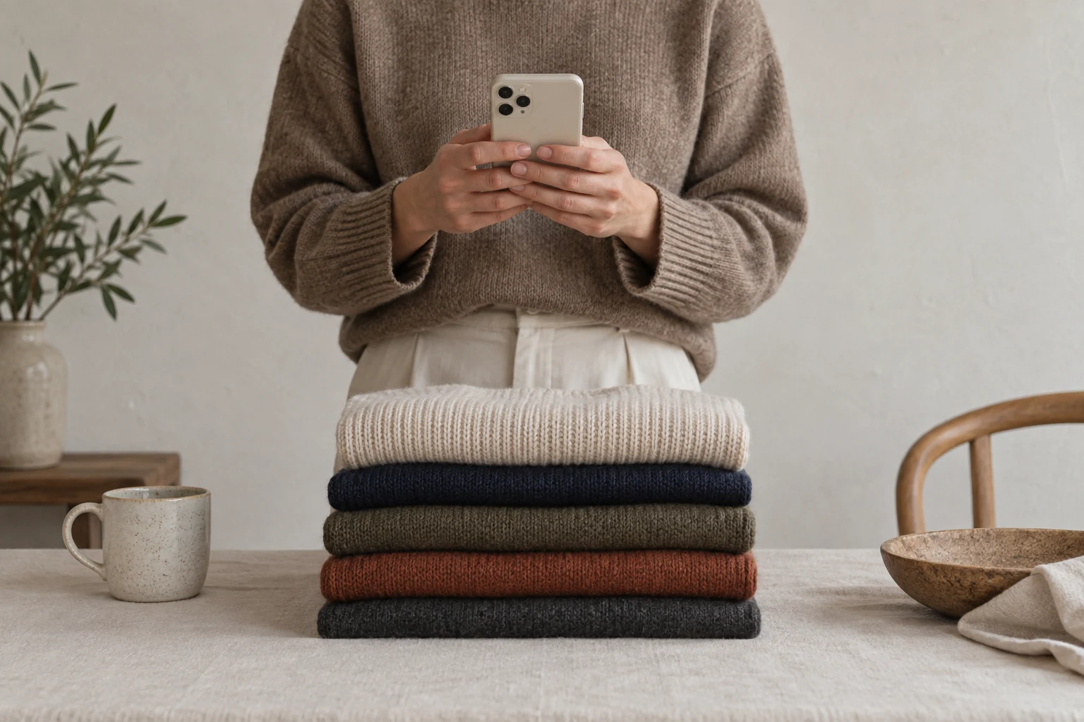 Two hands hold the plain back of a phone above a centered stack of folded knitwear on a pale table.