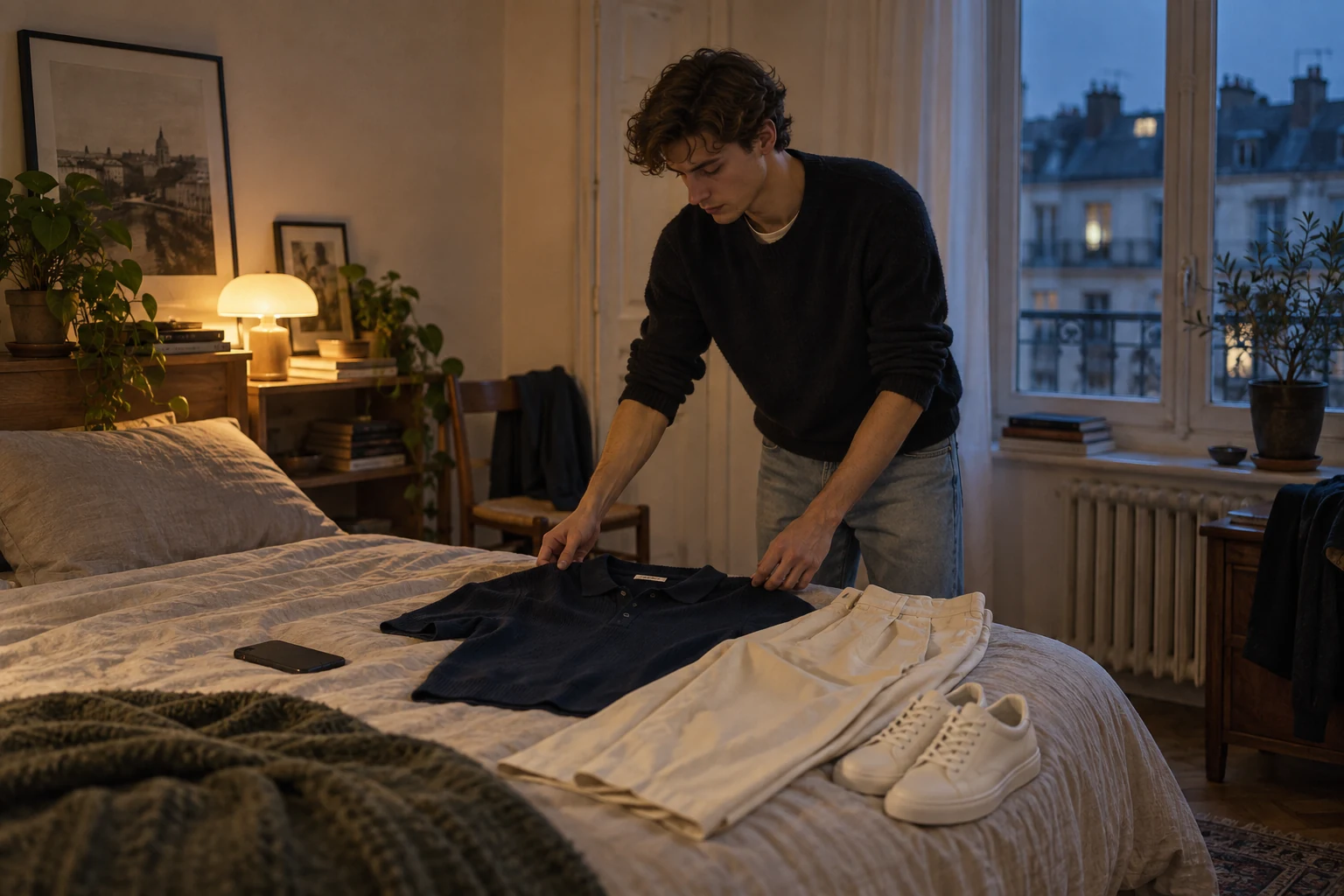 A young Korean man lays out a navy knit polo, cream trousers, and white sneakers on his bed at dusk.