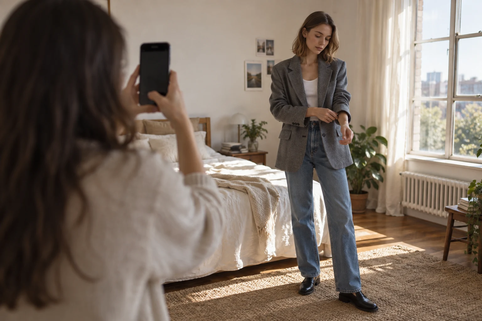 A young woman smiles into a hallway mirror while wearing a gray blazer white tank and wide jeans