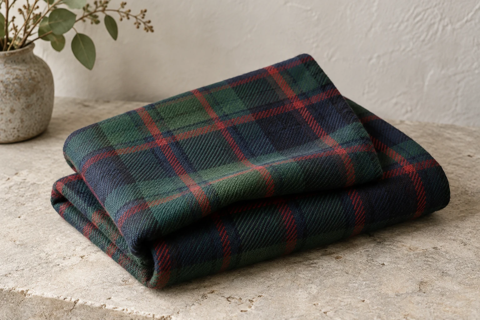 Folded green, navy and red wool tartan cloth rests on a pale stone surface in soft daylight.