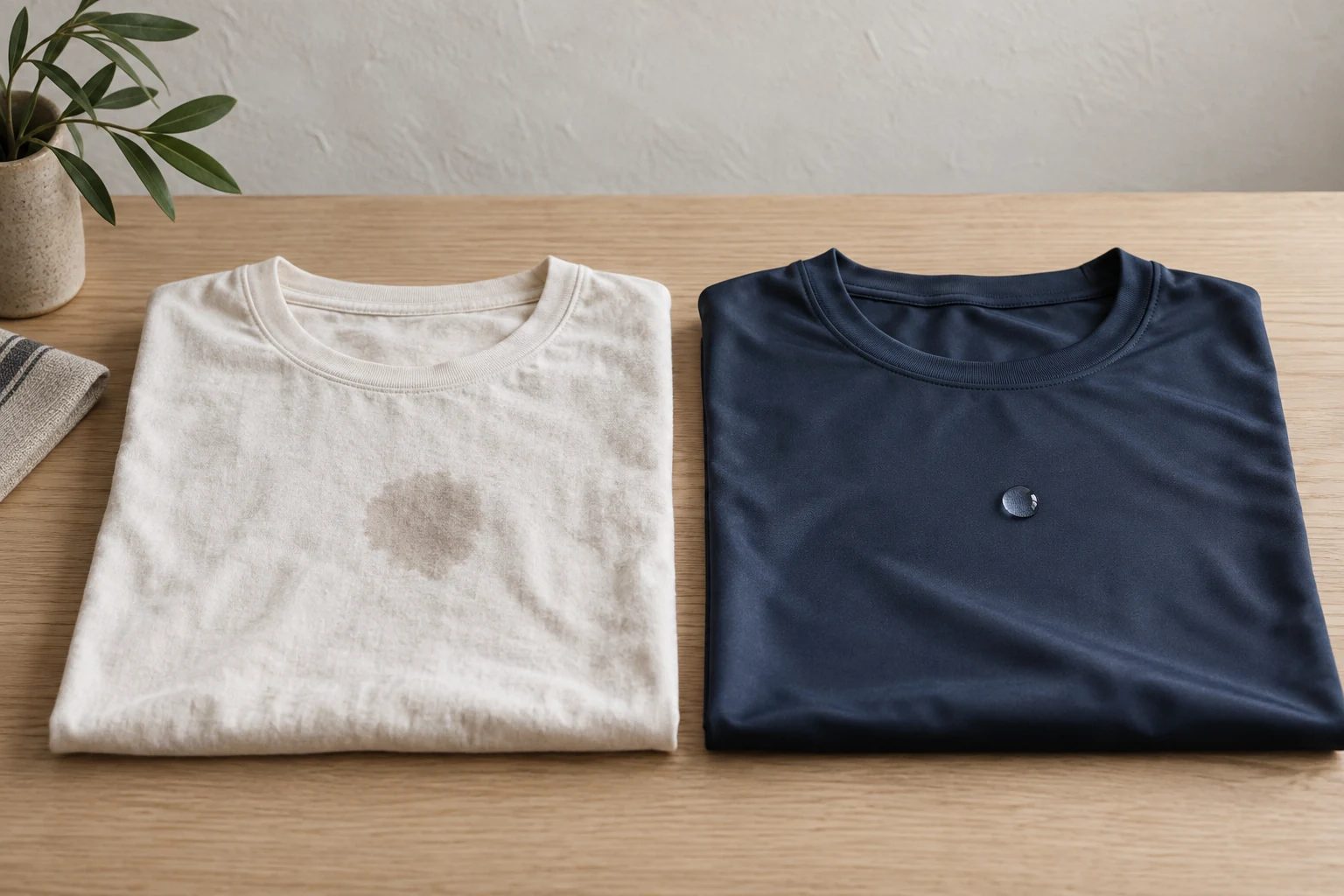 Folded cotton and polyester shirts show an absorbed wet patch and a single beaded water drop