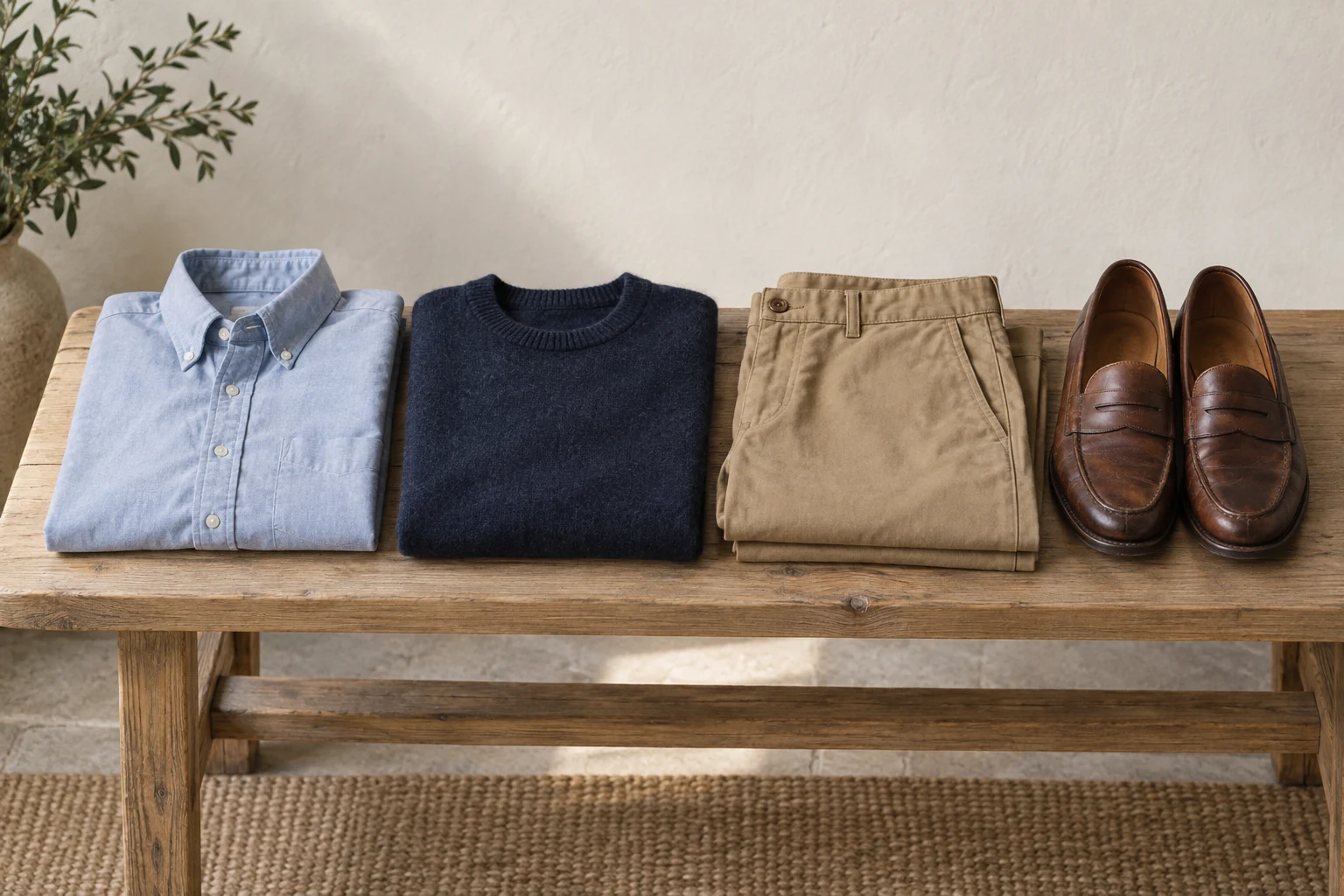 A blue oxford shirt, navy sweater, khaki chinos and brown penny loafers are arranged across a pale wooden bench.