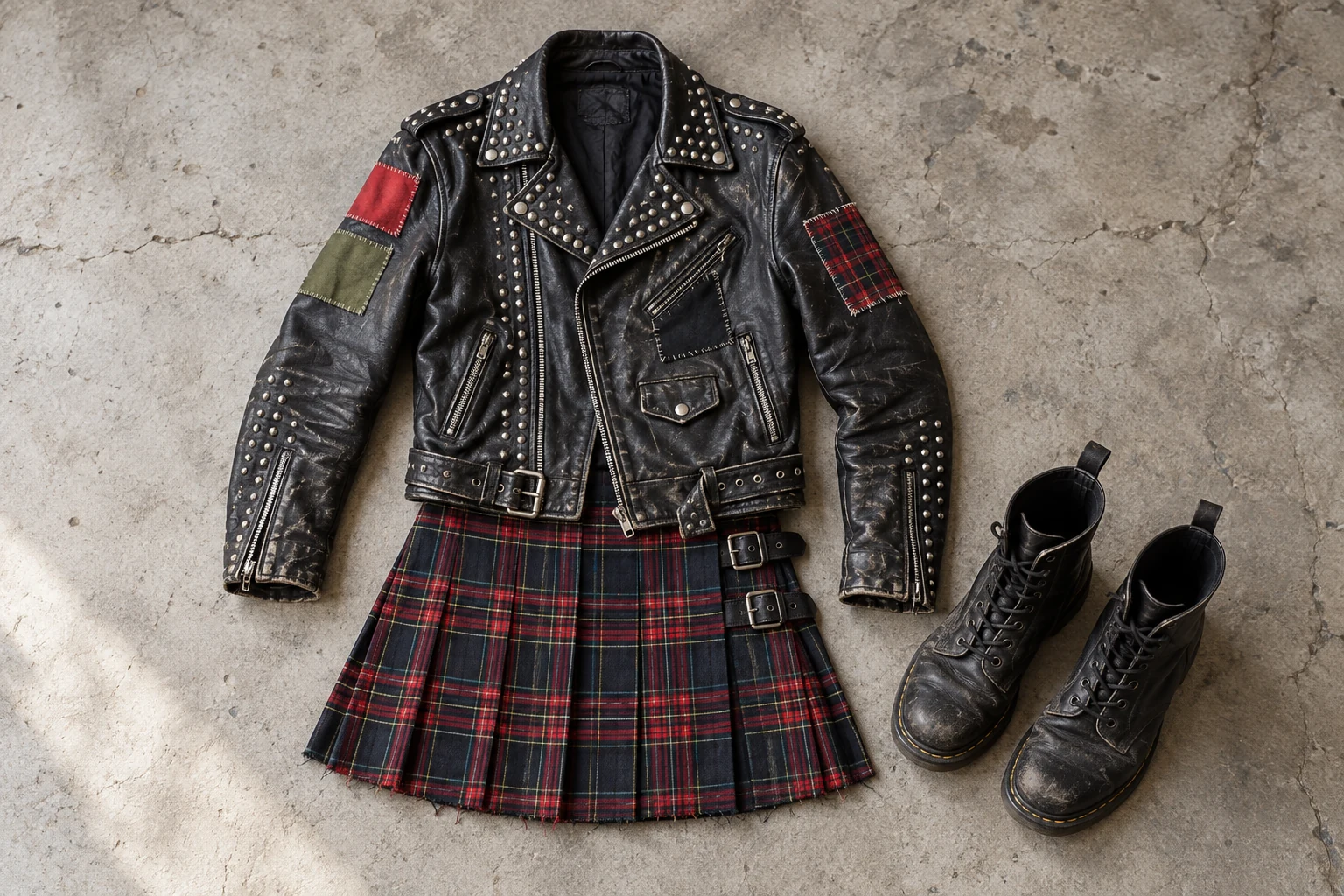 A studded worn leather jacket with plain patches lies over a tartan skirt beside scuffed black boots.