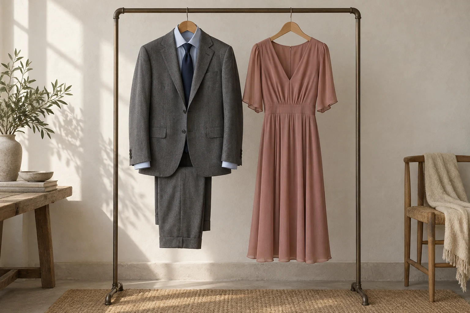 A gray suit and muted rose dress hang together on a simple garment rail in warm window light.