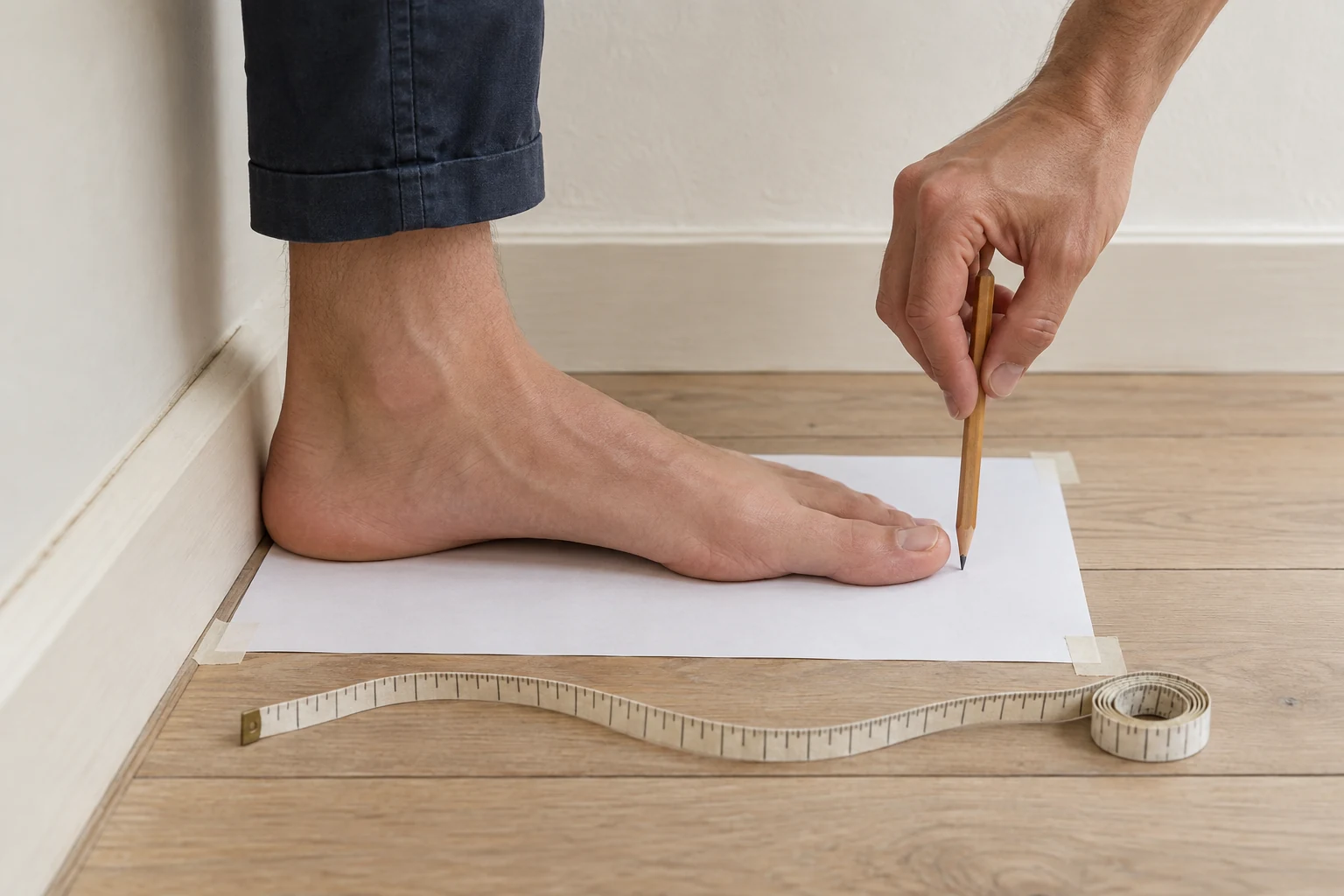 A bare foot rests on white paper with its heel against a wall as a pencil marks the longest toe.