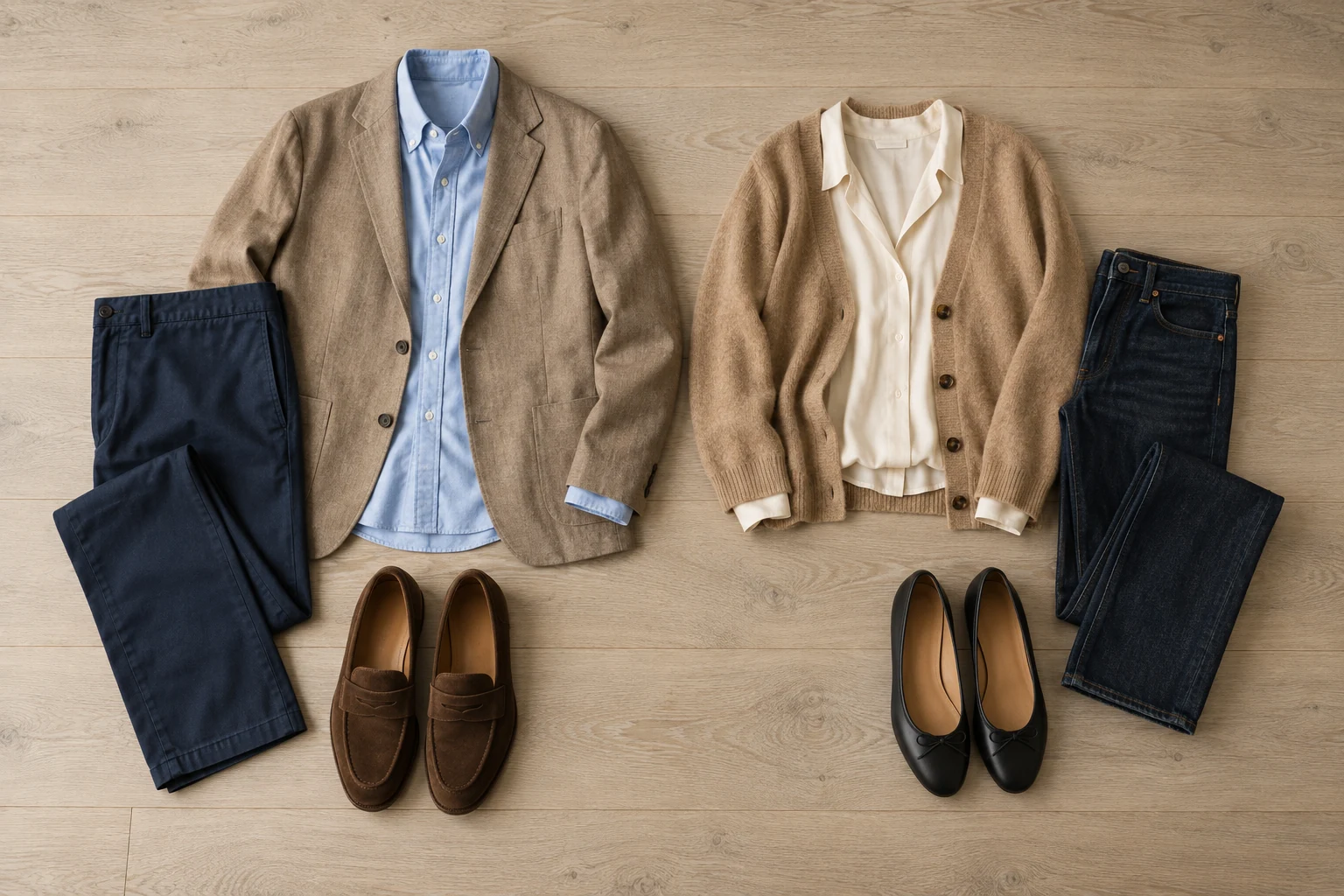 Two complete smart casual outfits are arranged side by side on a pale oak floor.