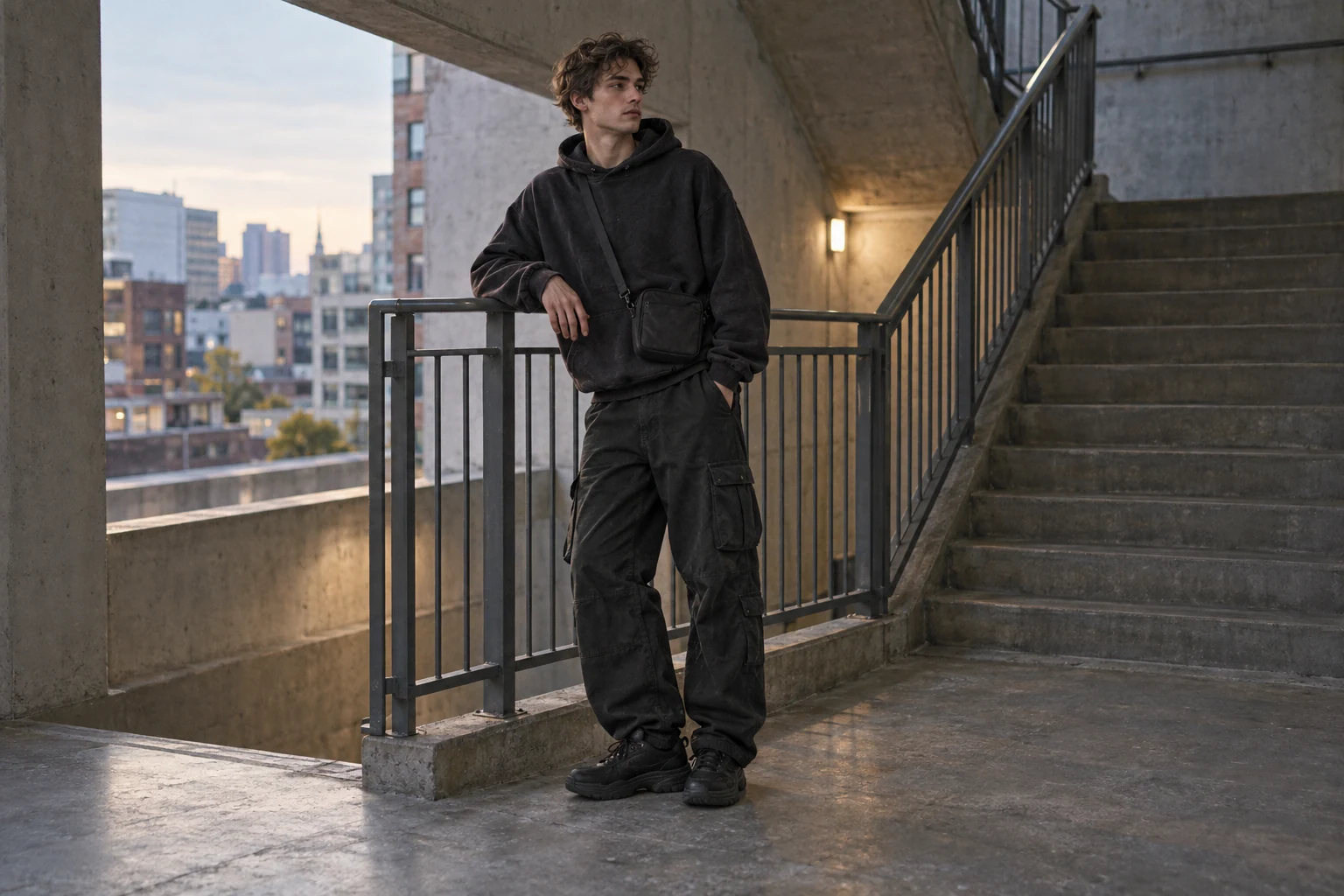 A young man in a washed black hoodie and cargo trousers leans casually on a stairwell railing