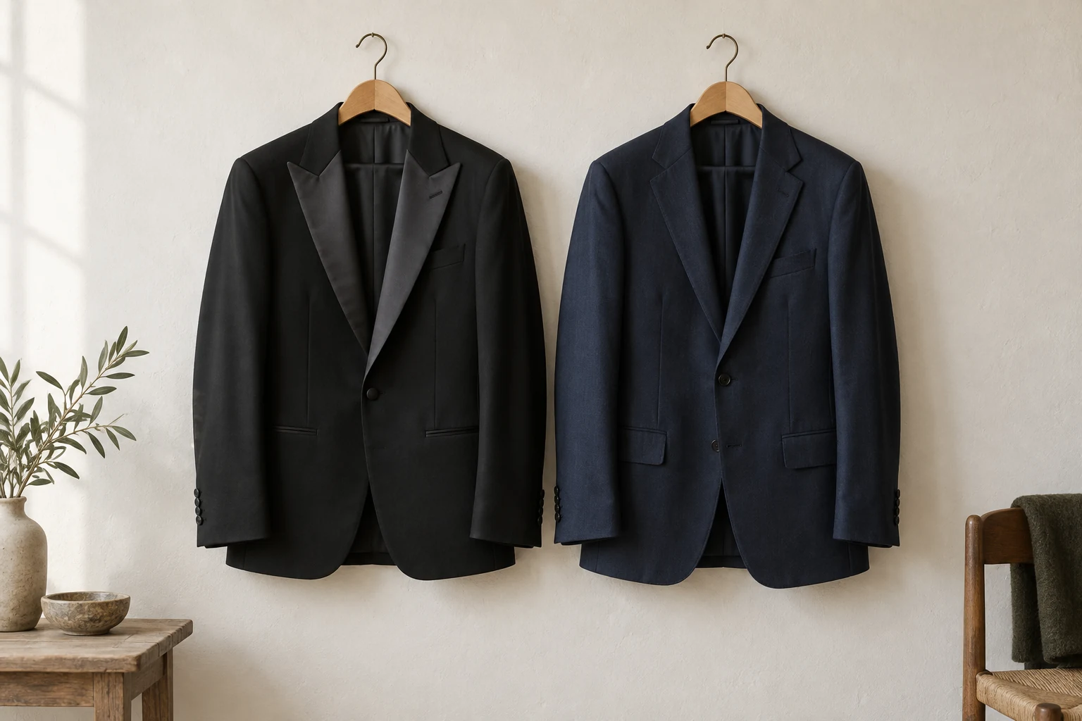 A black satin lapel tuxedo jacket hangs beside a matte navy notch lapel suit jacket.