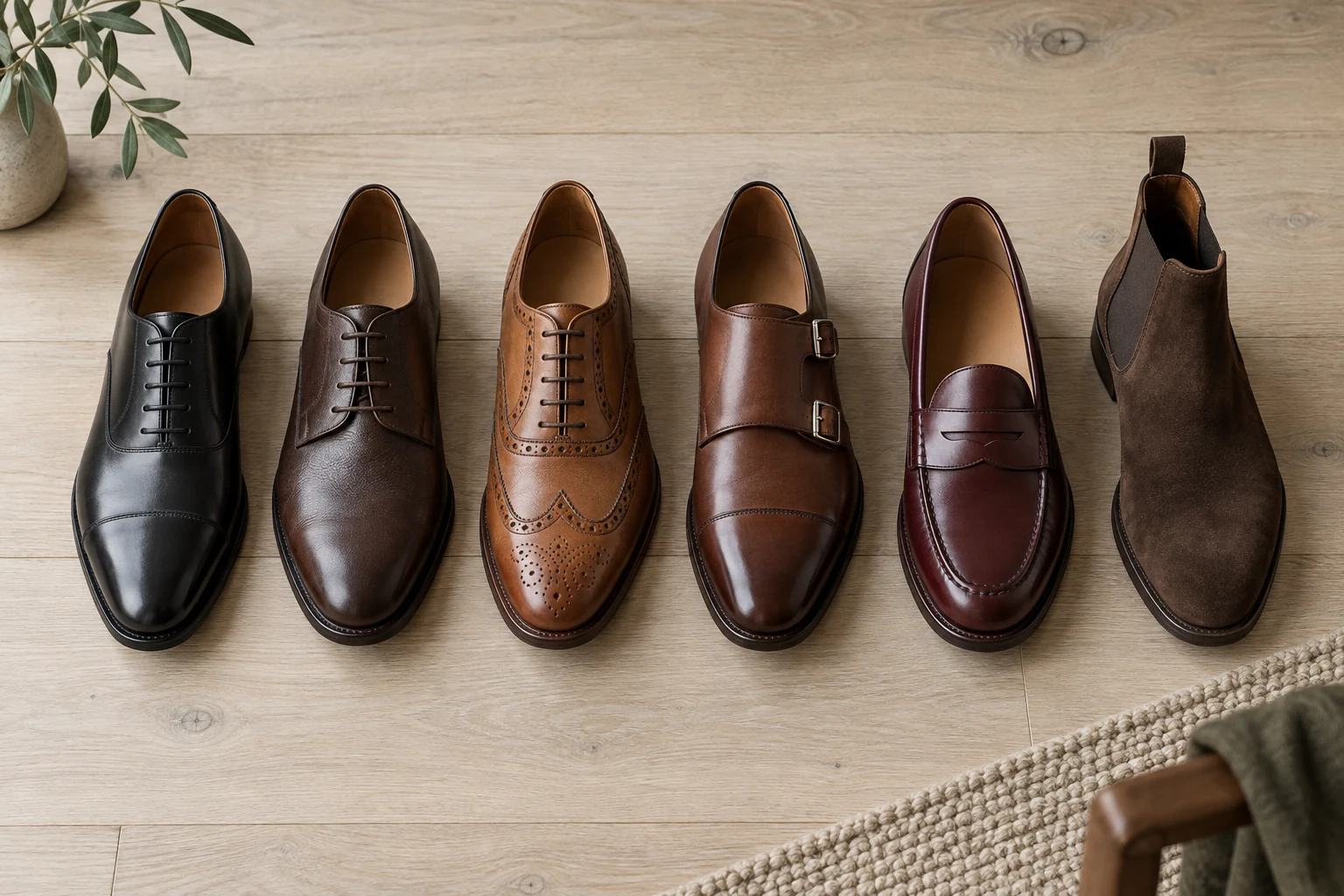 Six men's shoes progress from a black oxford through brown dress styles to a suede Chelsea boot