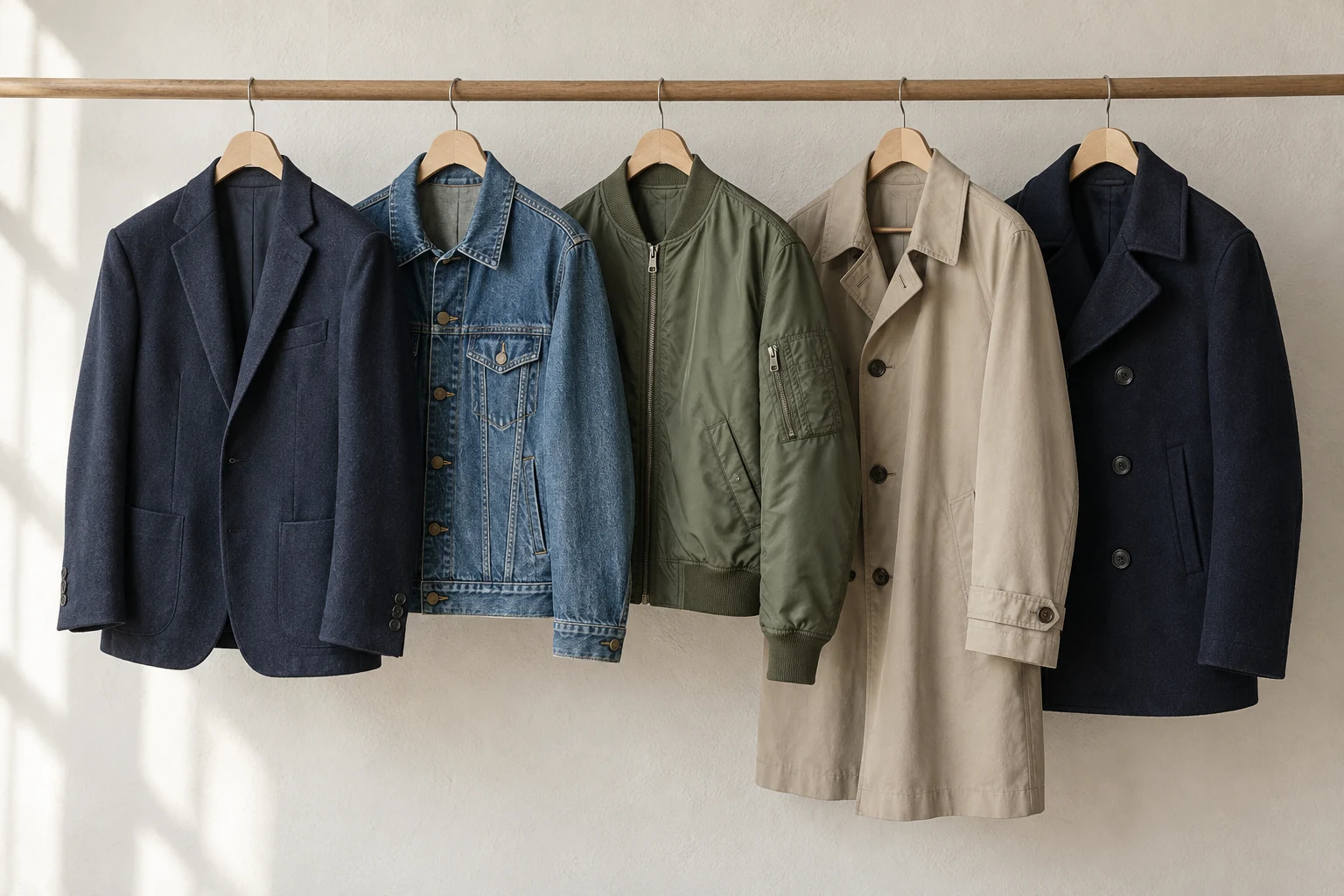 Five unbranded jackets in wool denim nylon and cotton hang in a softly lit row