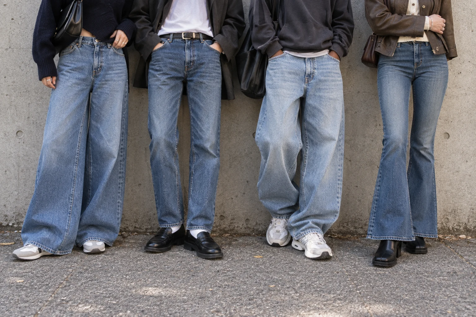 Four friends show wide leg straight baggy and flared blue jeans with varied footwear against concrete