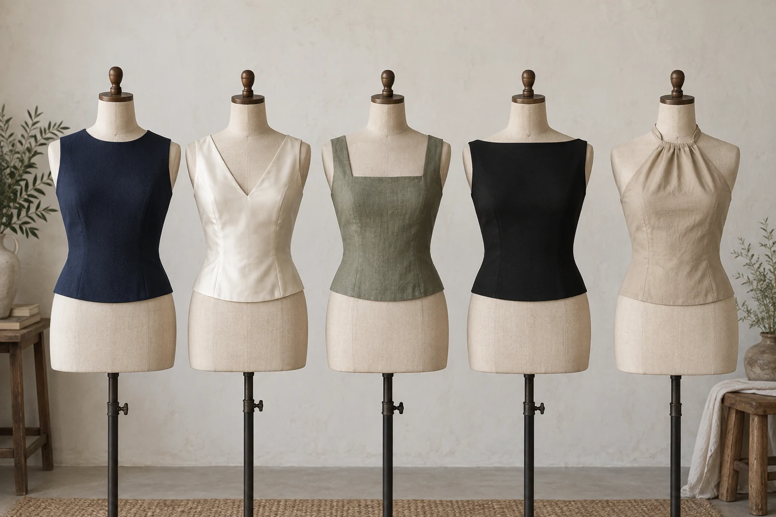 Five neutral dress bodices display jewel, V, square, boat and halter necklines on dress forms.