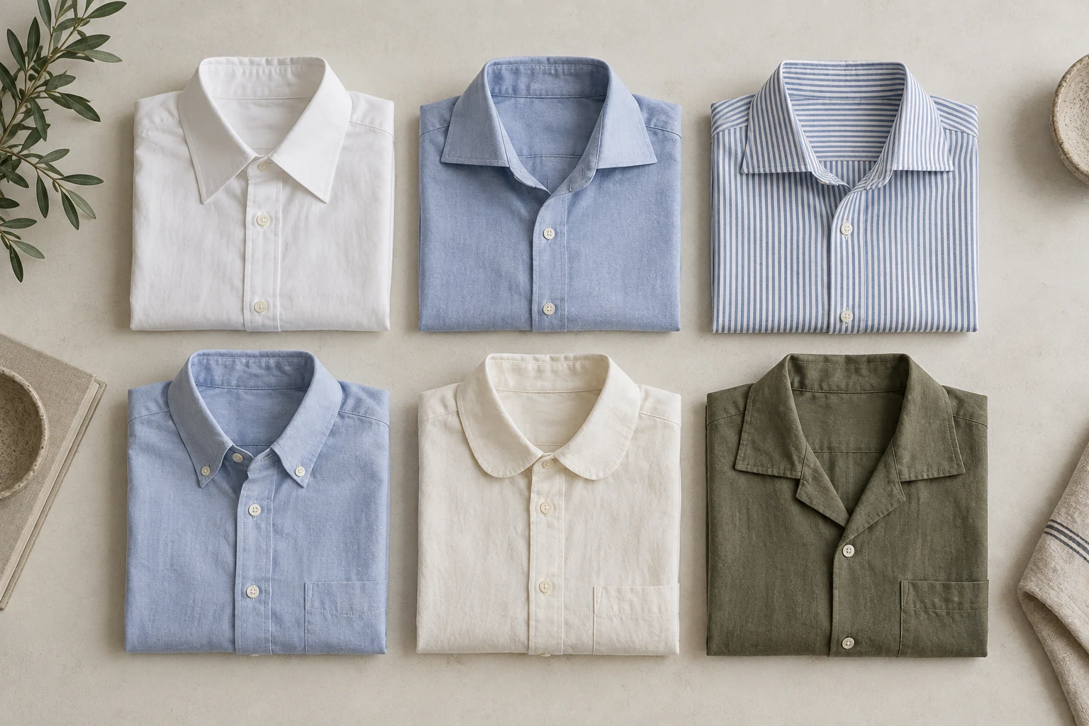 Six neatly folded shirts display point spread cutaway button down club and camp collars