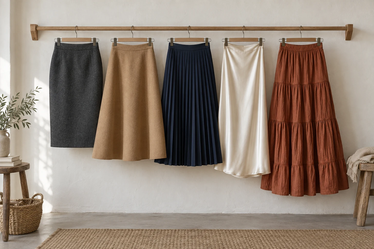 Five charcoal, camel, navy, cream and rust skirts hang side by side from a simple wooden rail.