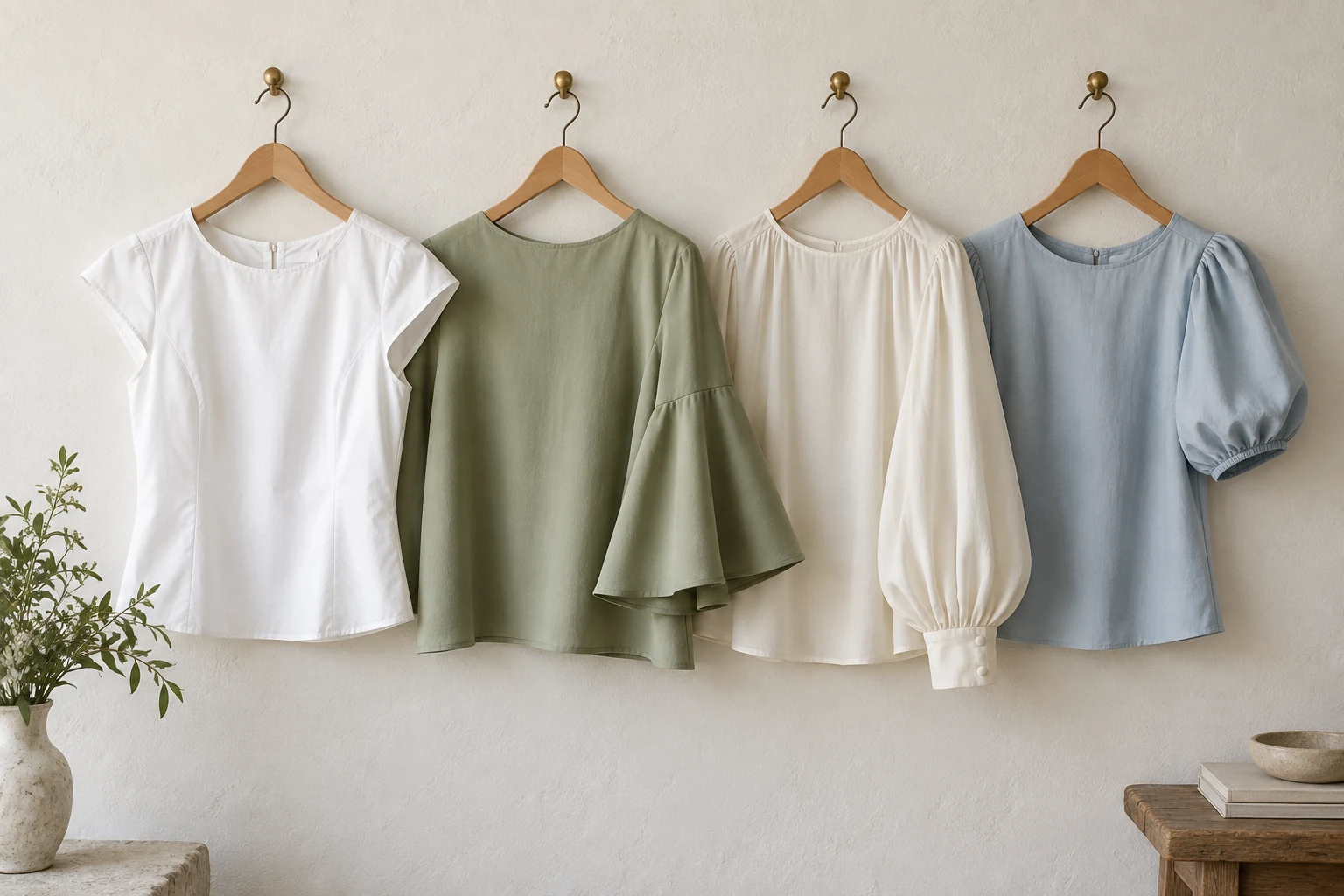 Four neutral blouses on wooden hangers show cap, bell, bishop and puff sleeve shapes.