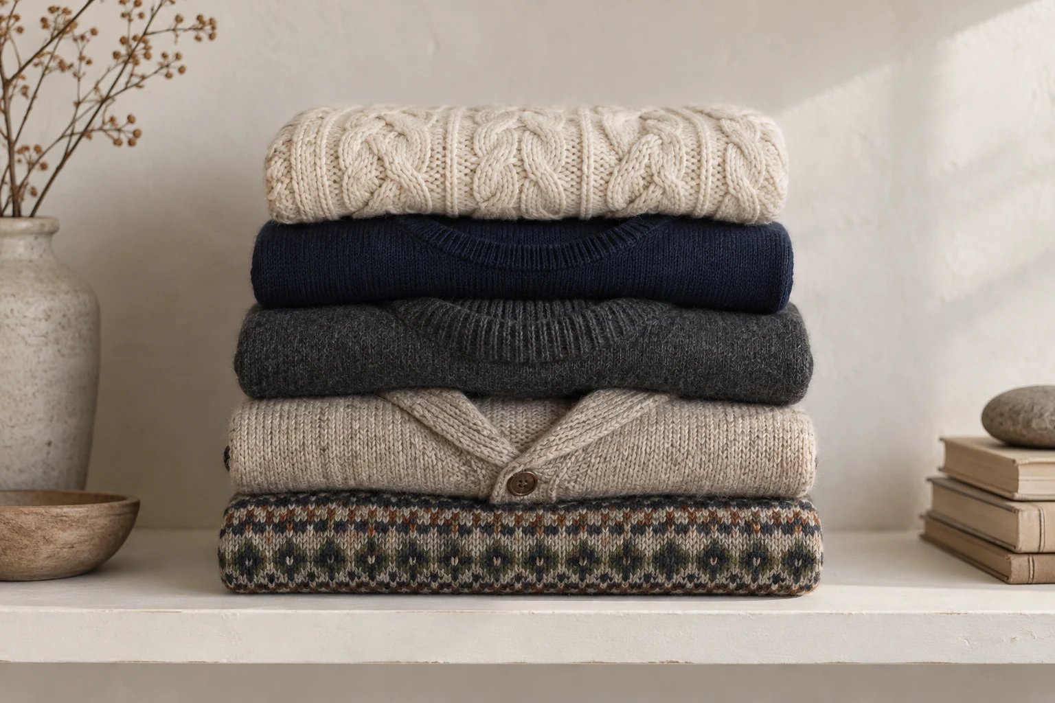 Five folded sweaters in cream, navy, charcoal, oatmeal and Fair Isle patterns rest on a pale shelf.