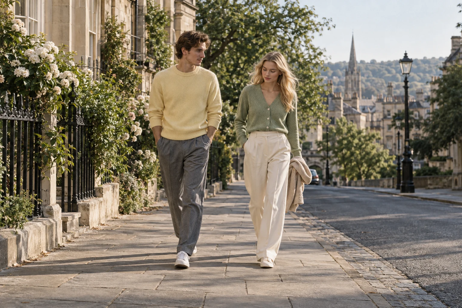 A young man in butter yellow and a young woman in sage green walk together along a sunlit stone street