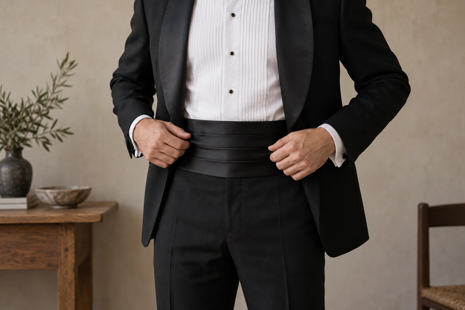 A man in a black tuxedo adjusts a pleated black satin cummerbund over a white dress shirt.