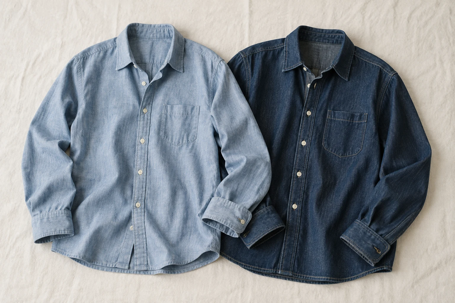 A light chambray shirt and dark denim shirt lie side by side on off white cotton