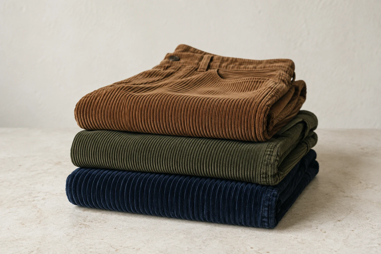 Tobacco brown olive and navy corduroy trousers form a neat stack with varied wale widths