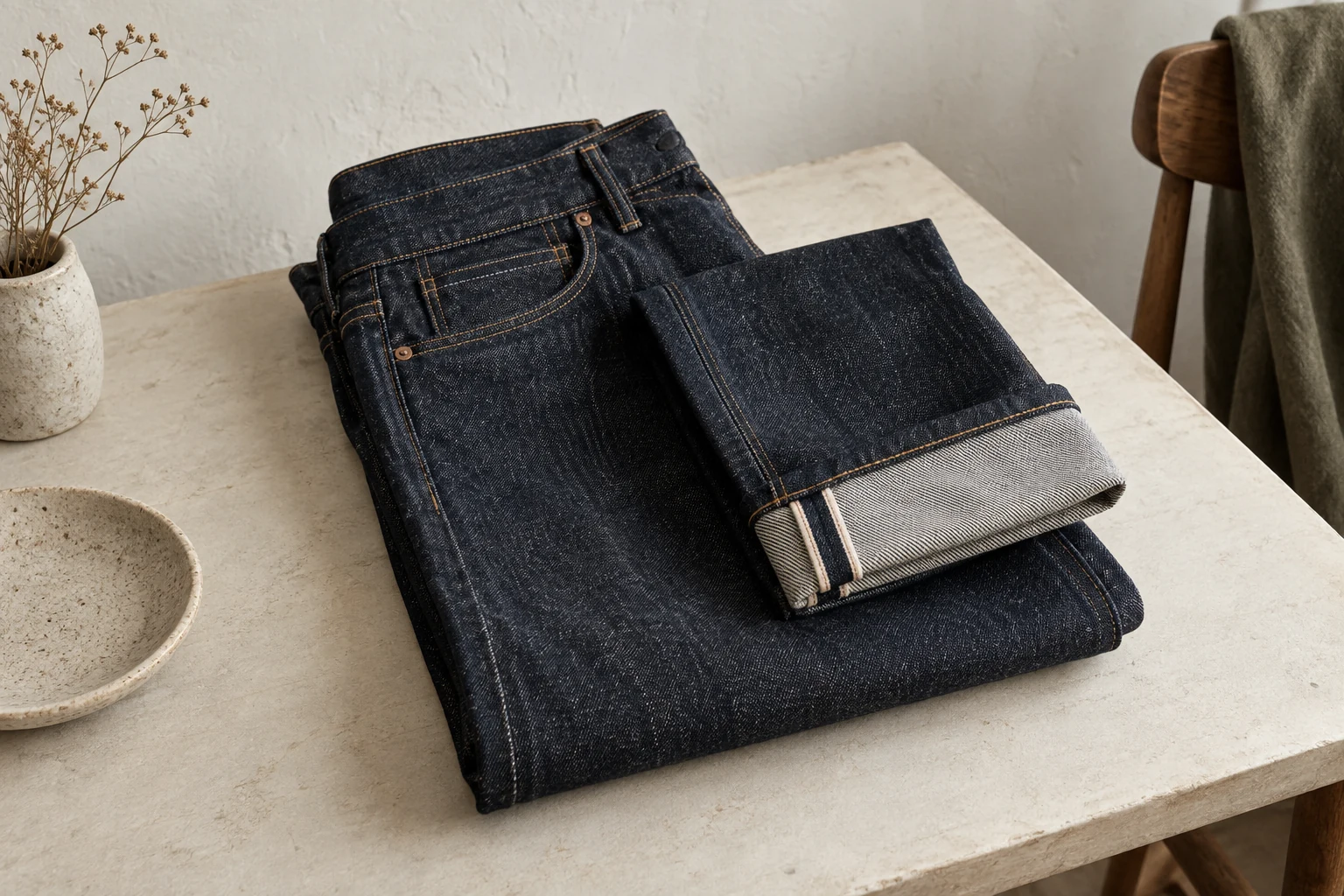 Dark raw denim jeans are folded on a pale table with a cuff revealing the white face and striped selvedge.