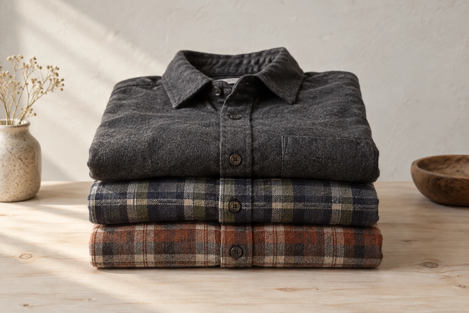 Three folded flannel shirts in charcoal and muted checks show their soft brushed texture in morning light.
