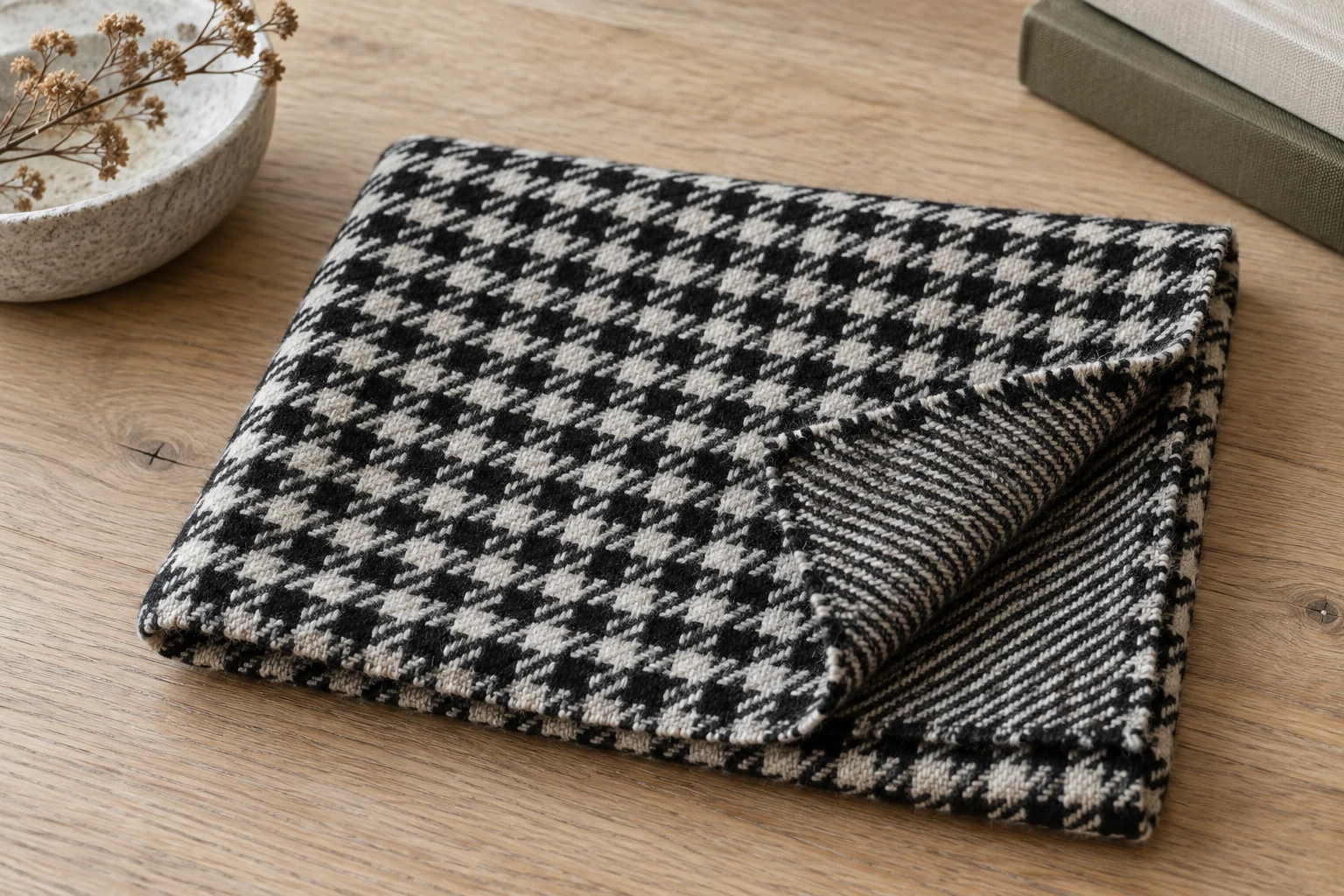 Folded black and white wool houndstooth cloth reveals its striped reverse on a pale oak table
