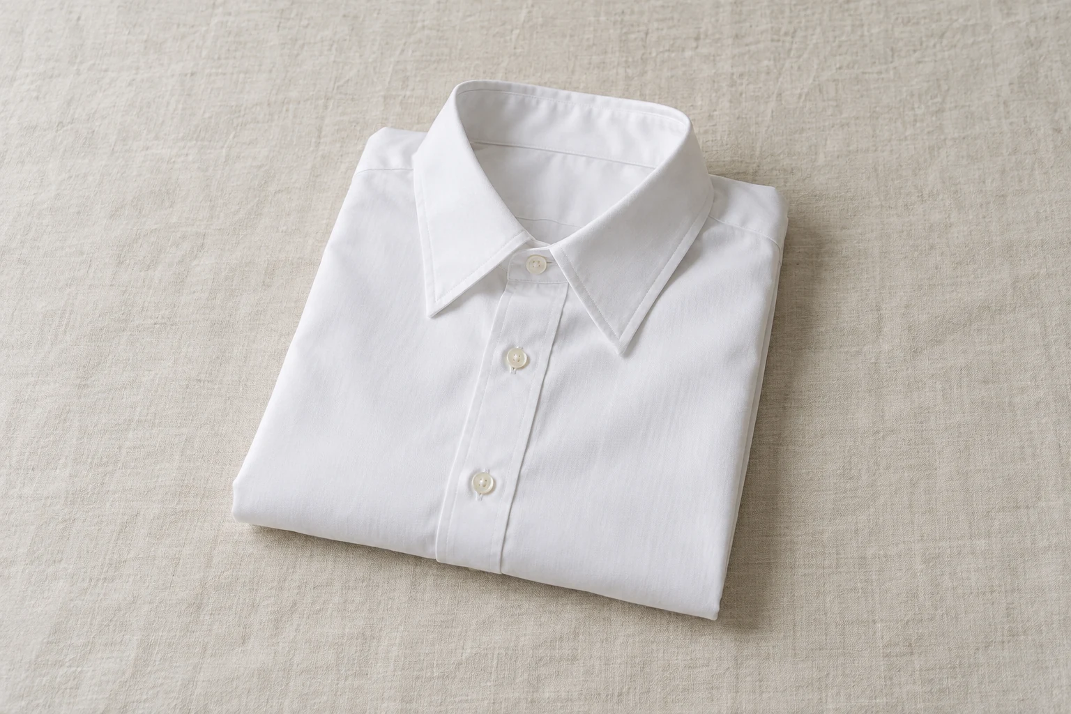 A crisp white poplin shirt is neatly folded on an off white linen surface in soft daylight.