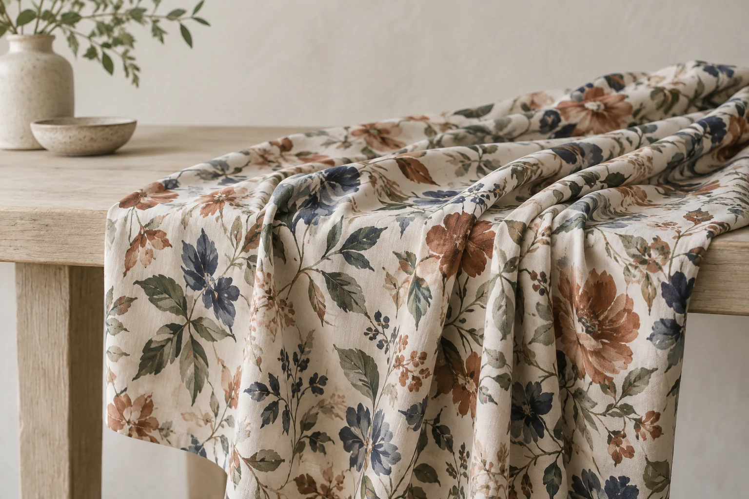 Muted floral rayon fabric falls in fluid folds over the edge of a pale wooden table in soft window light.