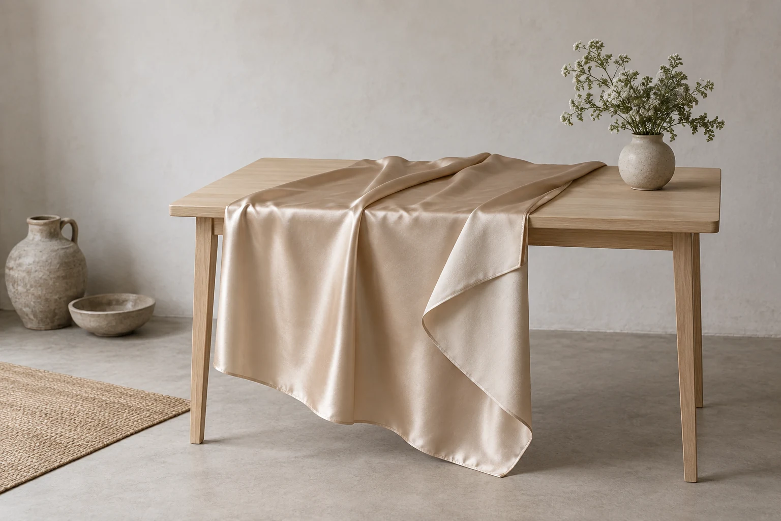 Champagne satin drapes over a pale wood table with one fold revealing its matte reverse.