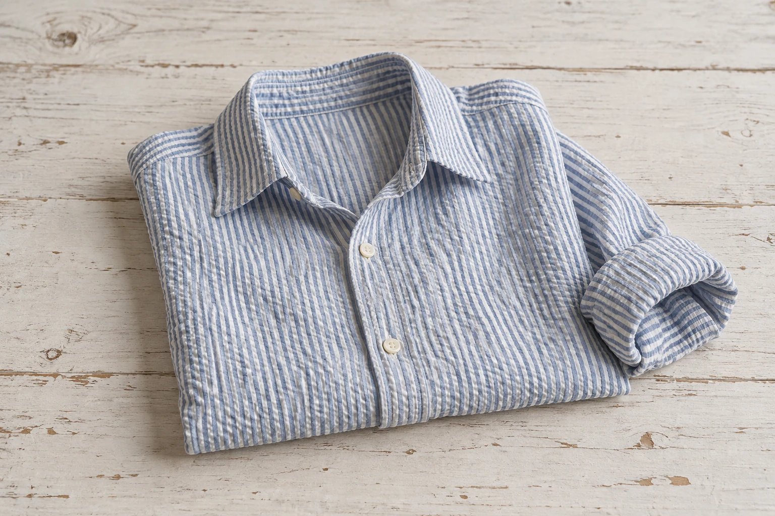 A neatly folded blue and white seersucker shirt rests on a weathered white wooden table with one cuff rolled.