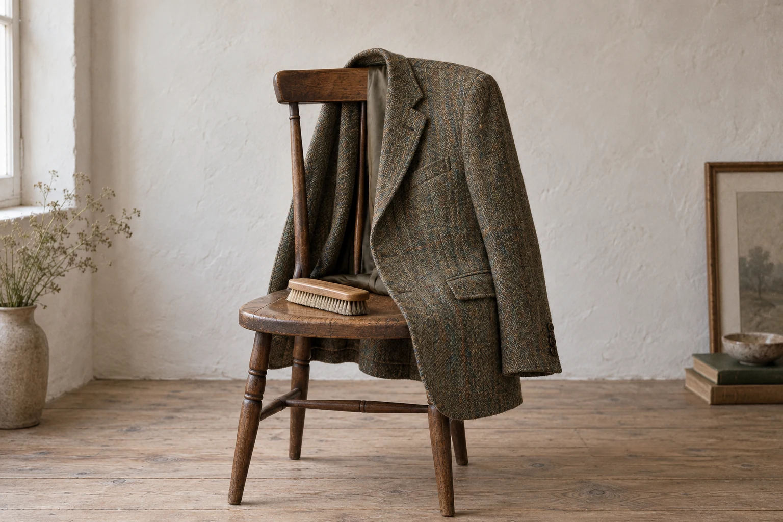 A brown and green flecked tweed jacket hangs over a wooden chair beside a clothes brush