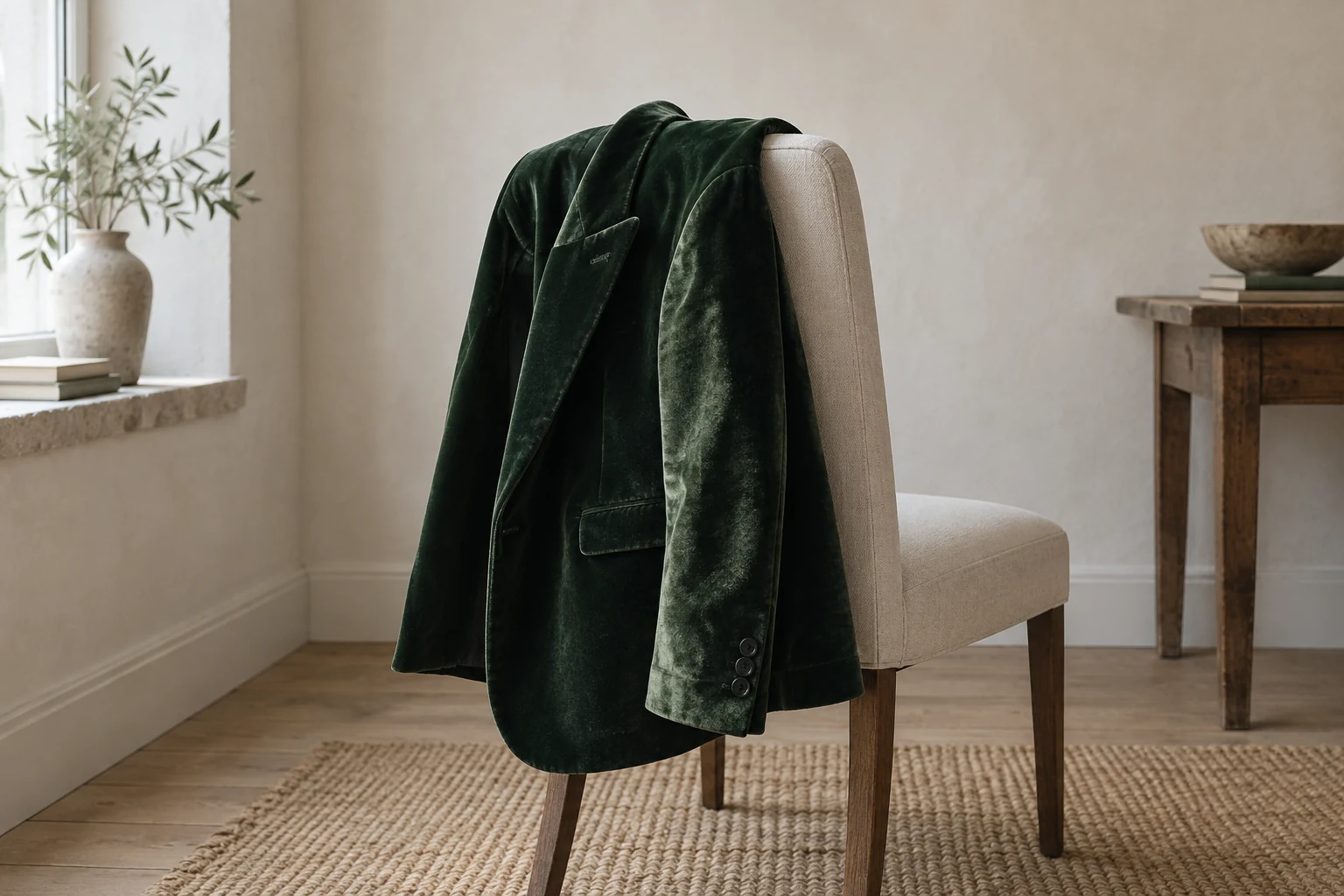 A bottle green velvet jacket hangs over a pale chair with raking light revealing the directional pile.