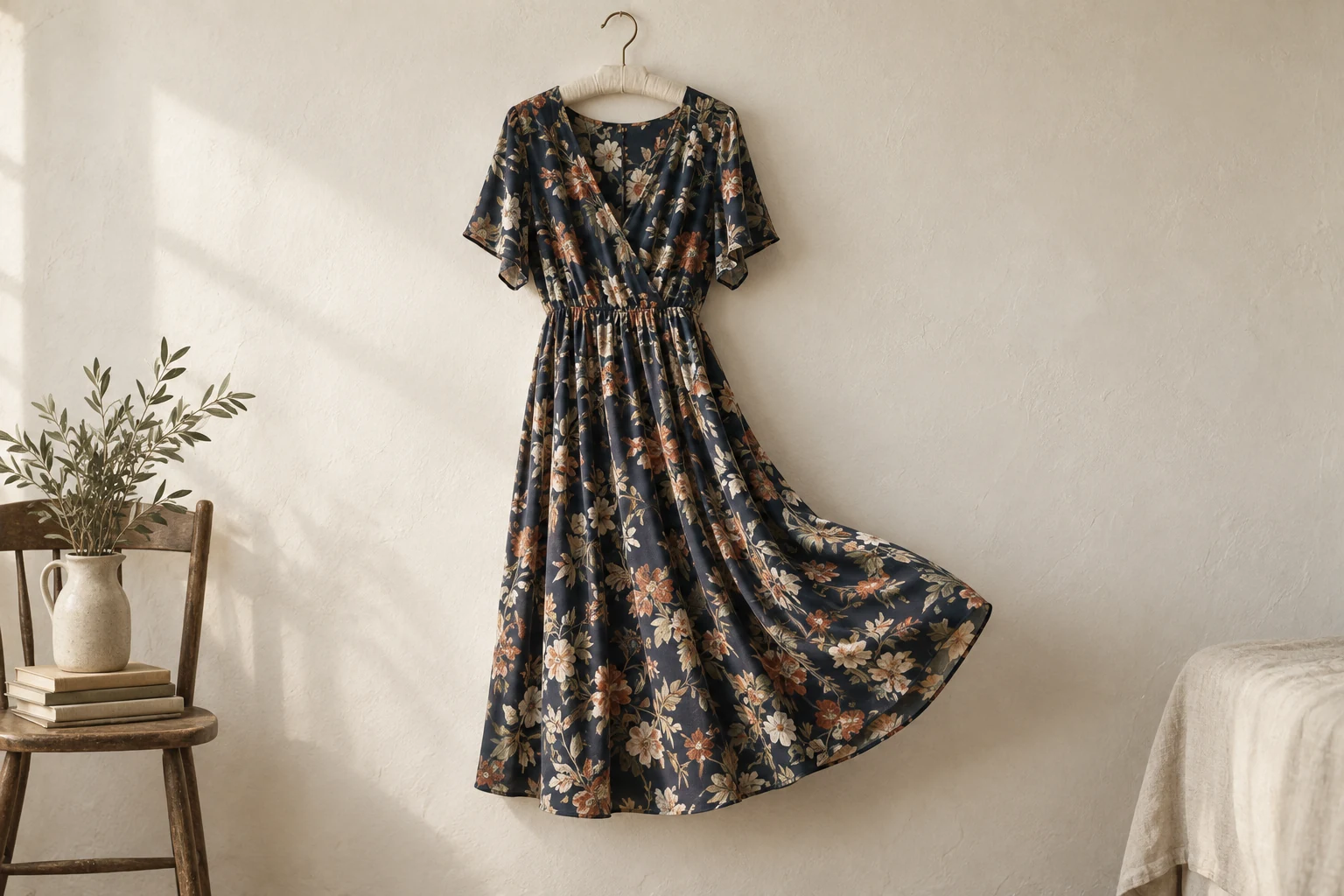 A navy floral viscose midi dress hangs against a warm plaster wall with its fluid skirt lifted in a gentle swing