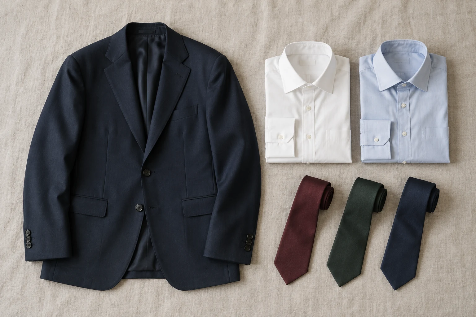 A navy suit jacket lies beside white and blue shirts with burgundy green and navy silk ties.