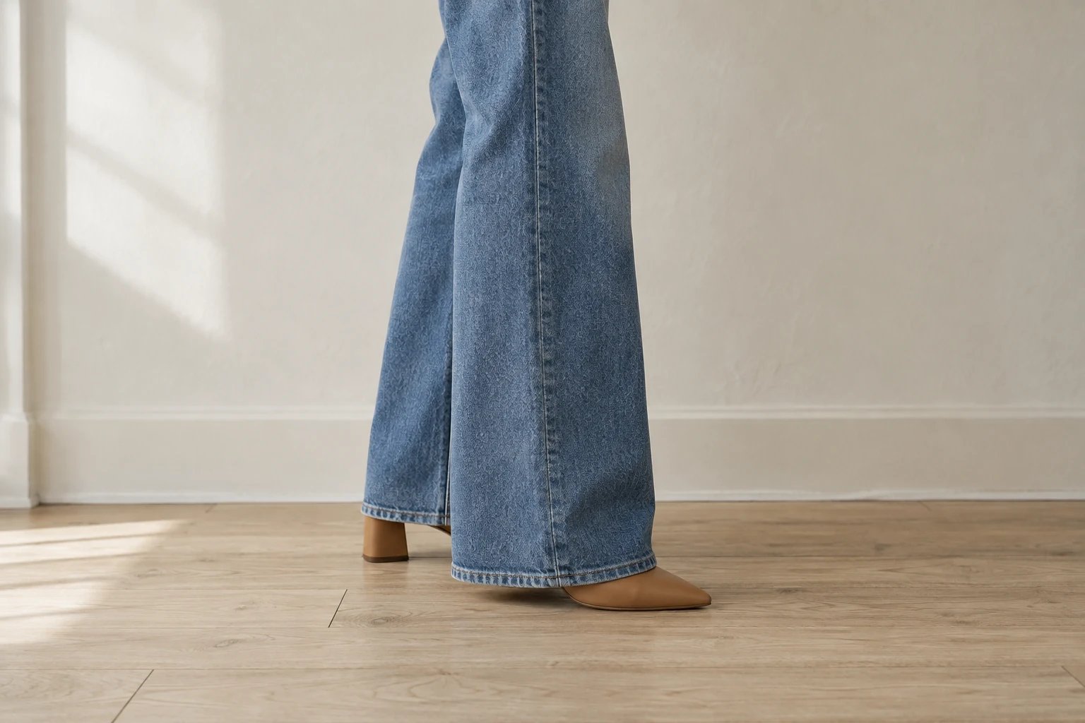 Wide leg mid blue jeans fall just above pointed tan block heel shoes on a pale oak floor.