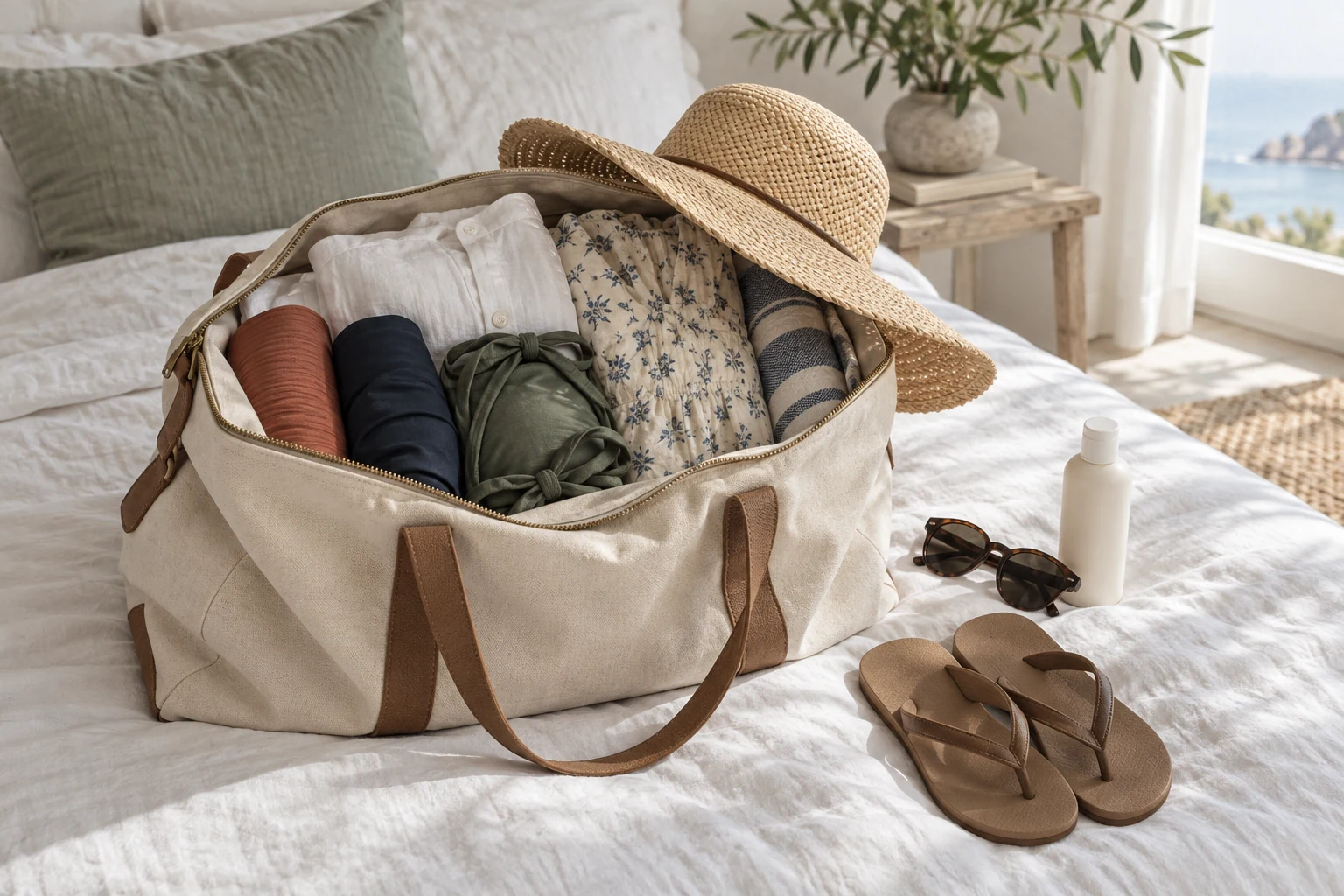 An open canvas bag packed with coastal clothing sits beside a straw hat, sandals, sunglasses and sunscreen.