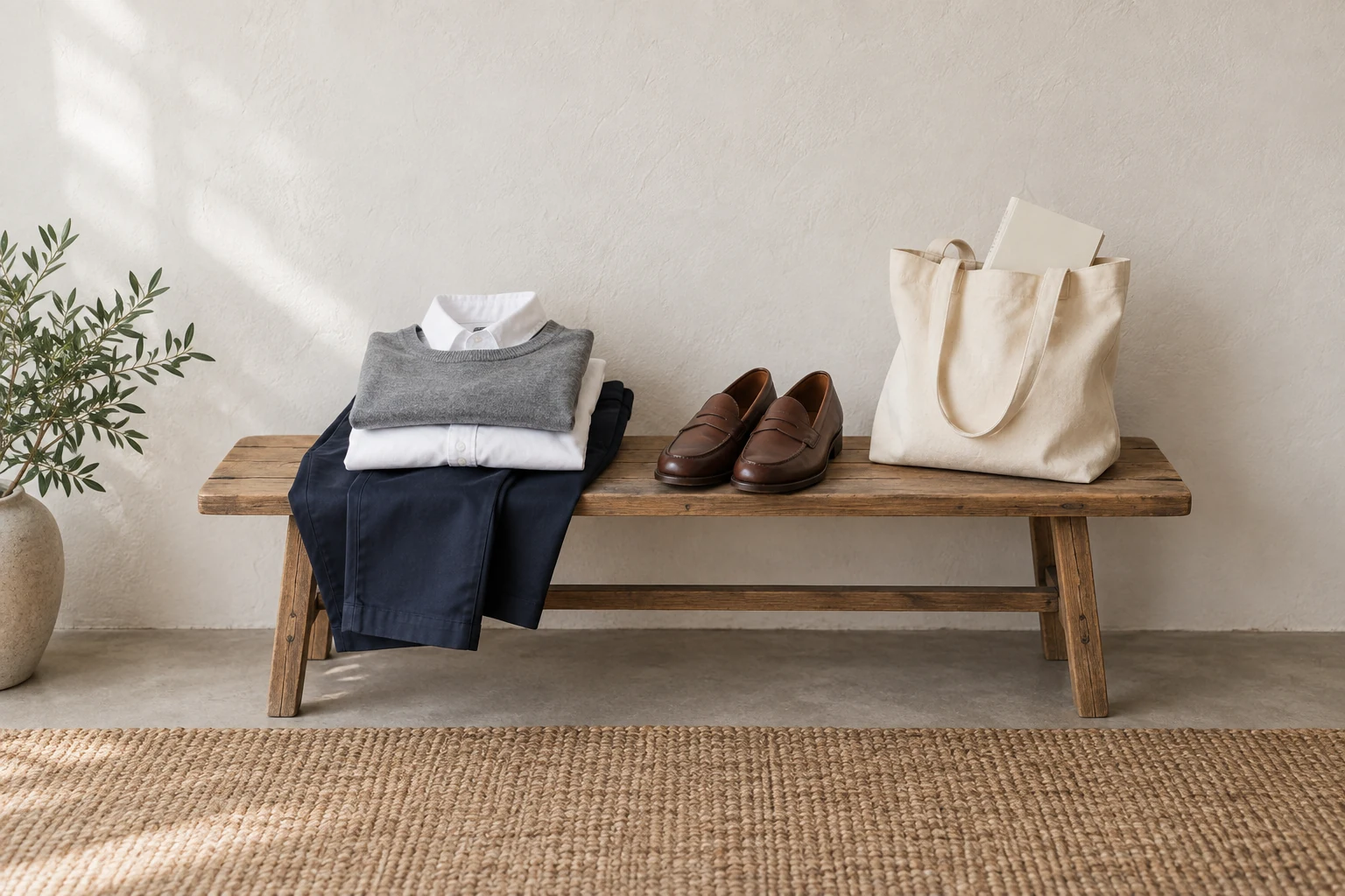 A folded business casual outfit with loafers and a canvas book tote rests on a wooden bench.