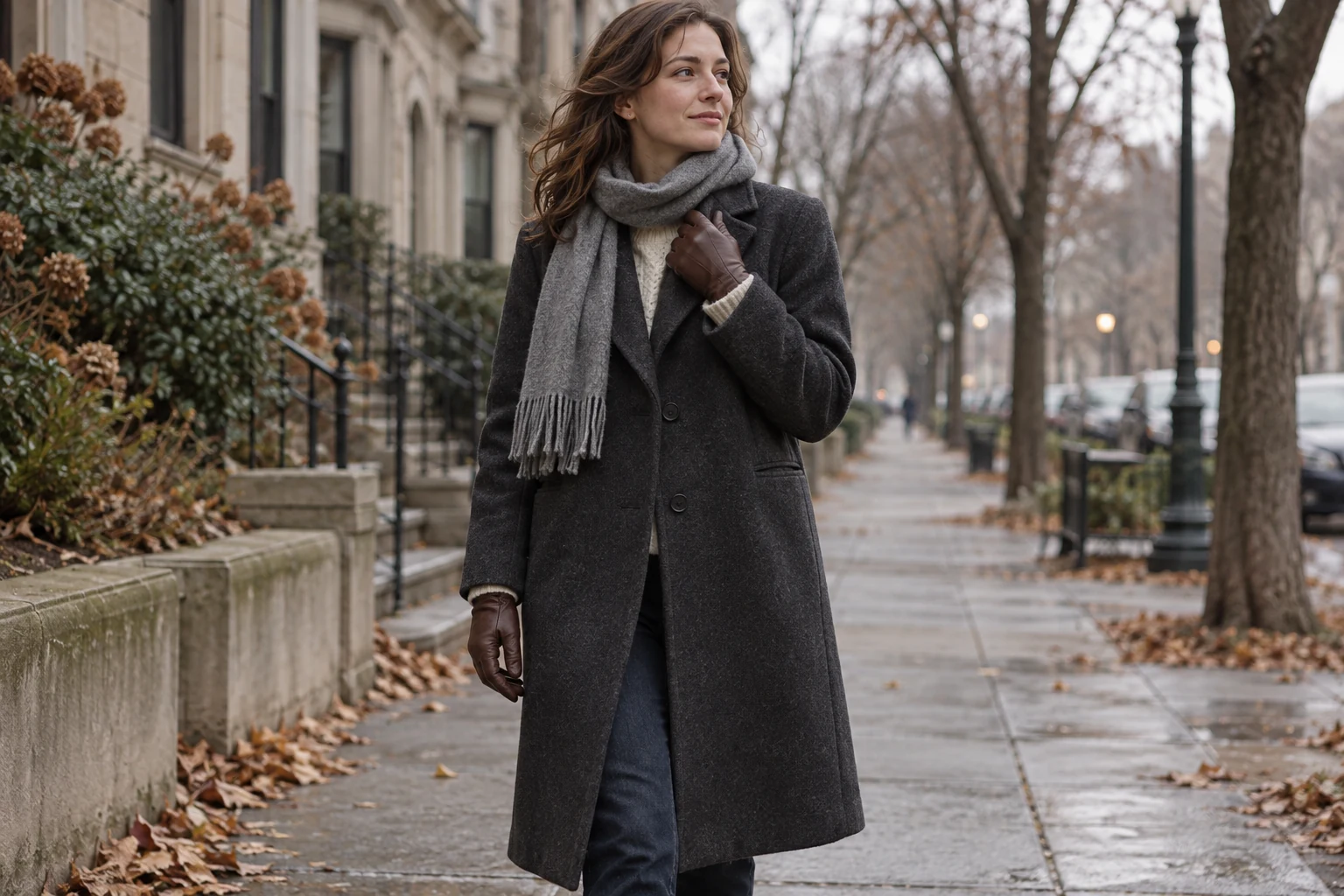 A woman wears a charcoal overcoat gray scarf cream knit and brown gloves on an autumn sidewalk.