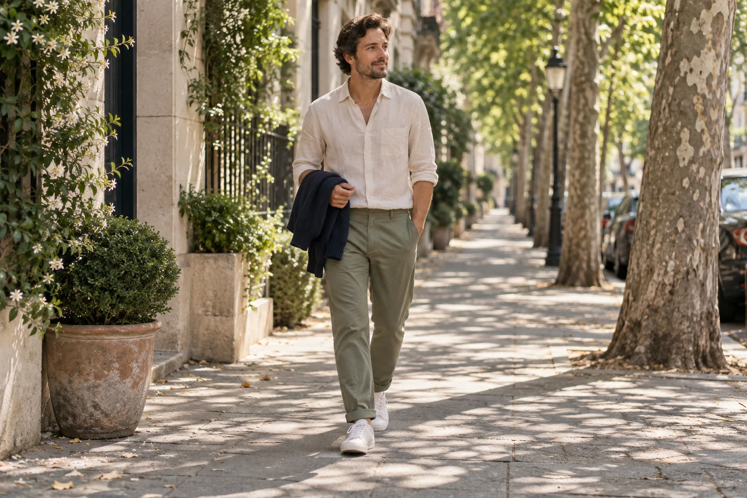 A man walks under dappled trees in an ecru linen shirt olive chinos and white sneakers.